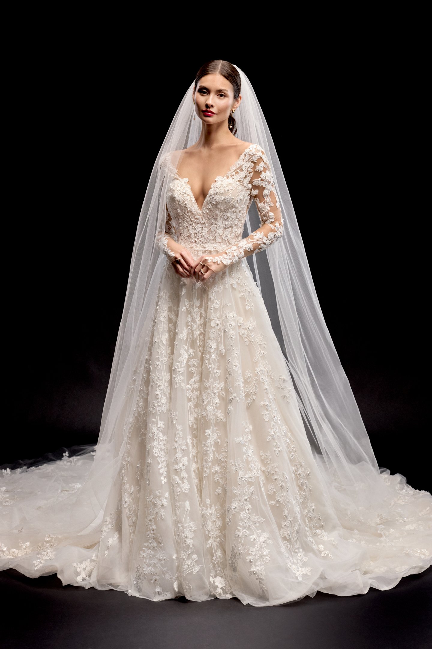 Justin Alexander Signature Style 99289 Celsa Long Sleeve A-Line Gown with Sheer Bodice and Deep V-Neckline