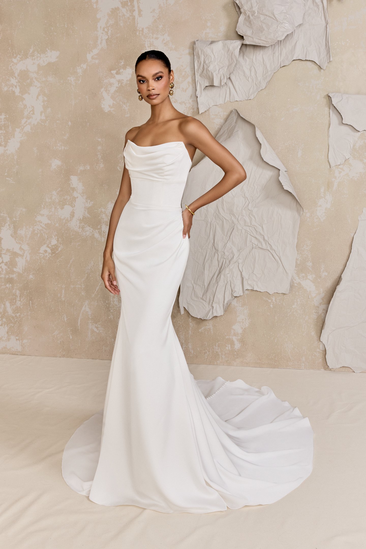 Justin Alexander Signature Style 99313 Atwood Charmeuse Fit and Flare Gown with Strapless Cat Eye Draped Neckline