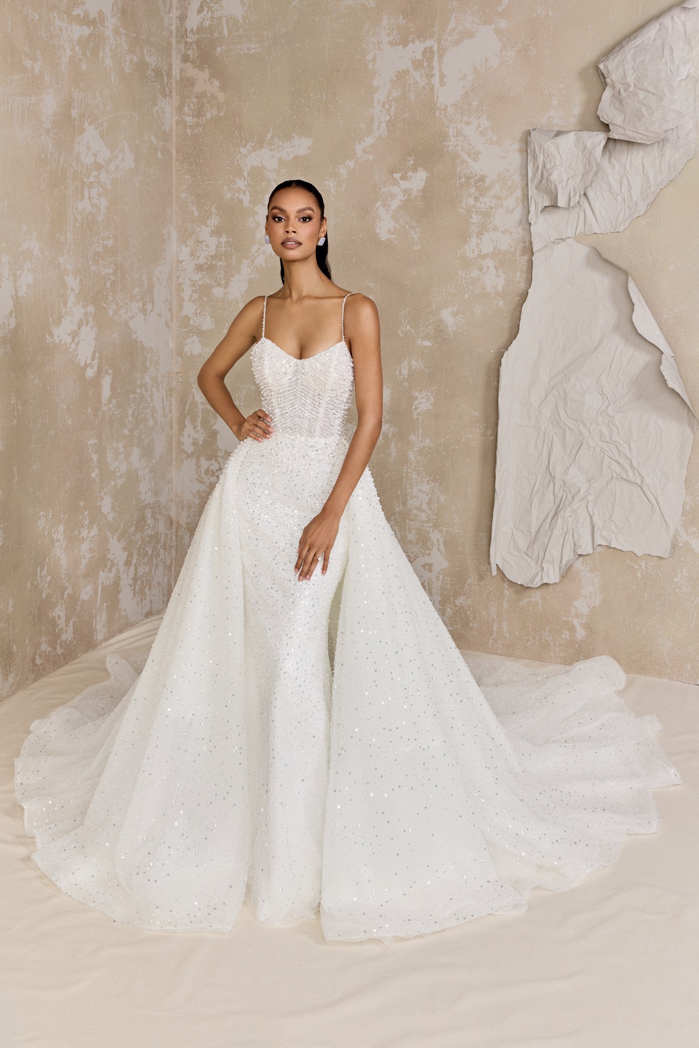 Justin Alexander Signature Style 99328 Wordsworth Allover Beaded Fit and Flare Gown with Bikini Neckline