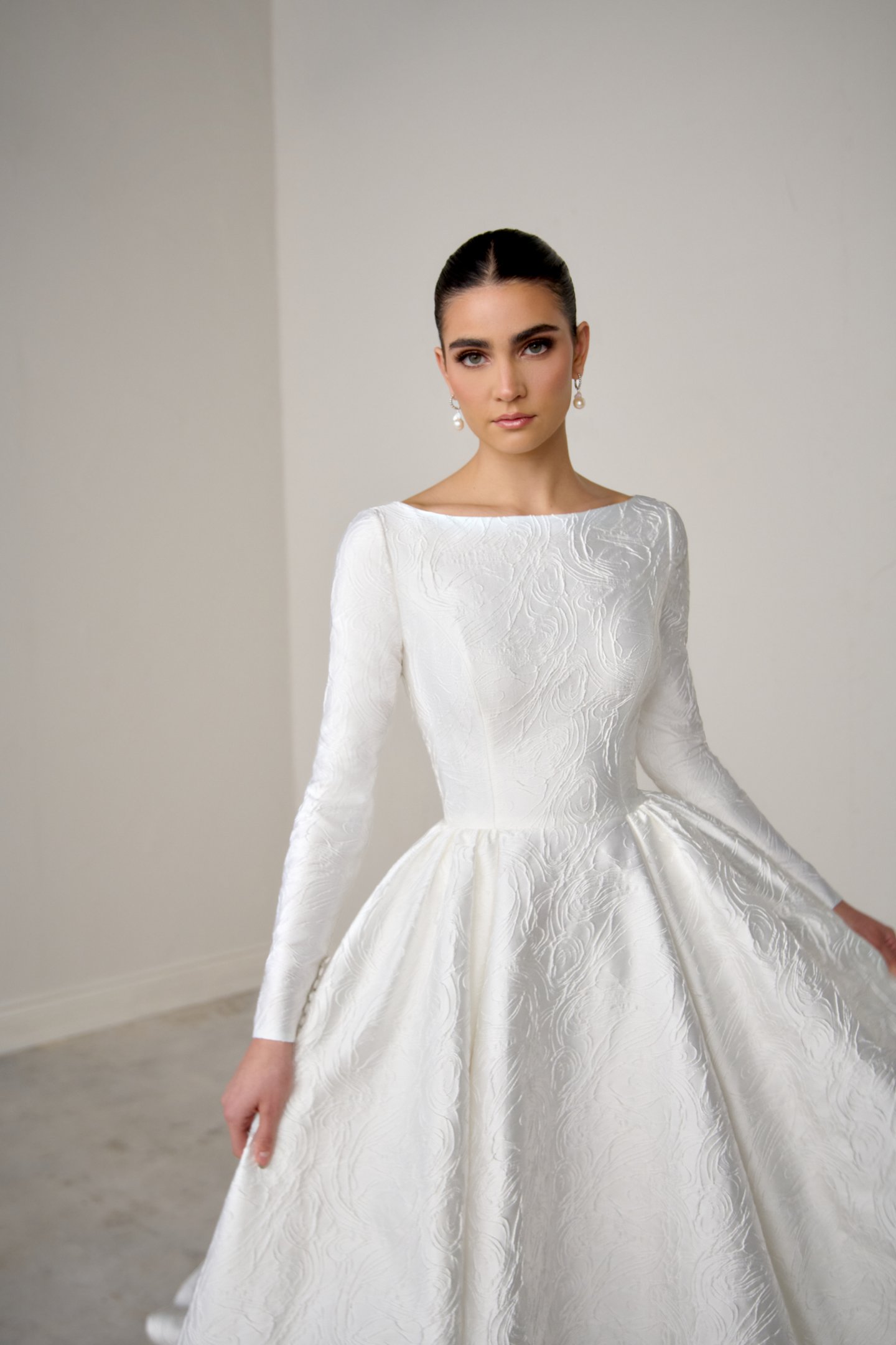 Justin Alexander Signature Style 99368 CALISTA Brocade A-Line Gown with Sabrina Neckline, Long Sleeves and Open Back