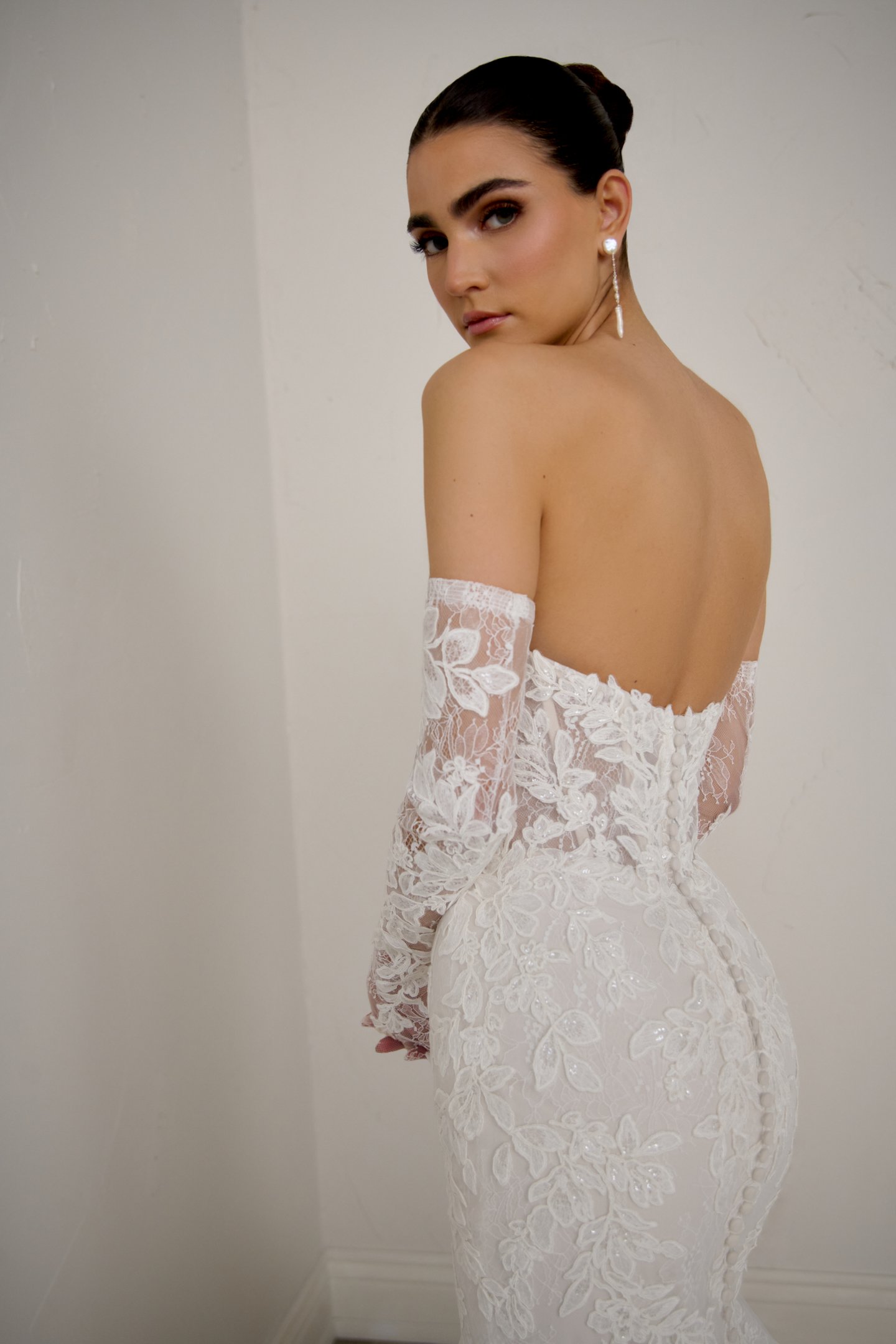 Justin Alexander Signature Style 99369G AURELINE GLOVES Chantilly Lace Gloves with Corded Sequin Lace Floral Appliqués