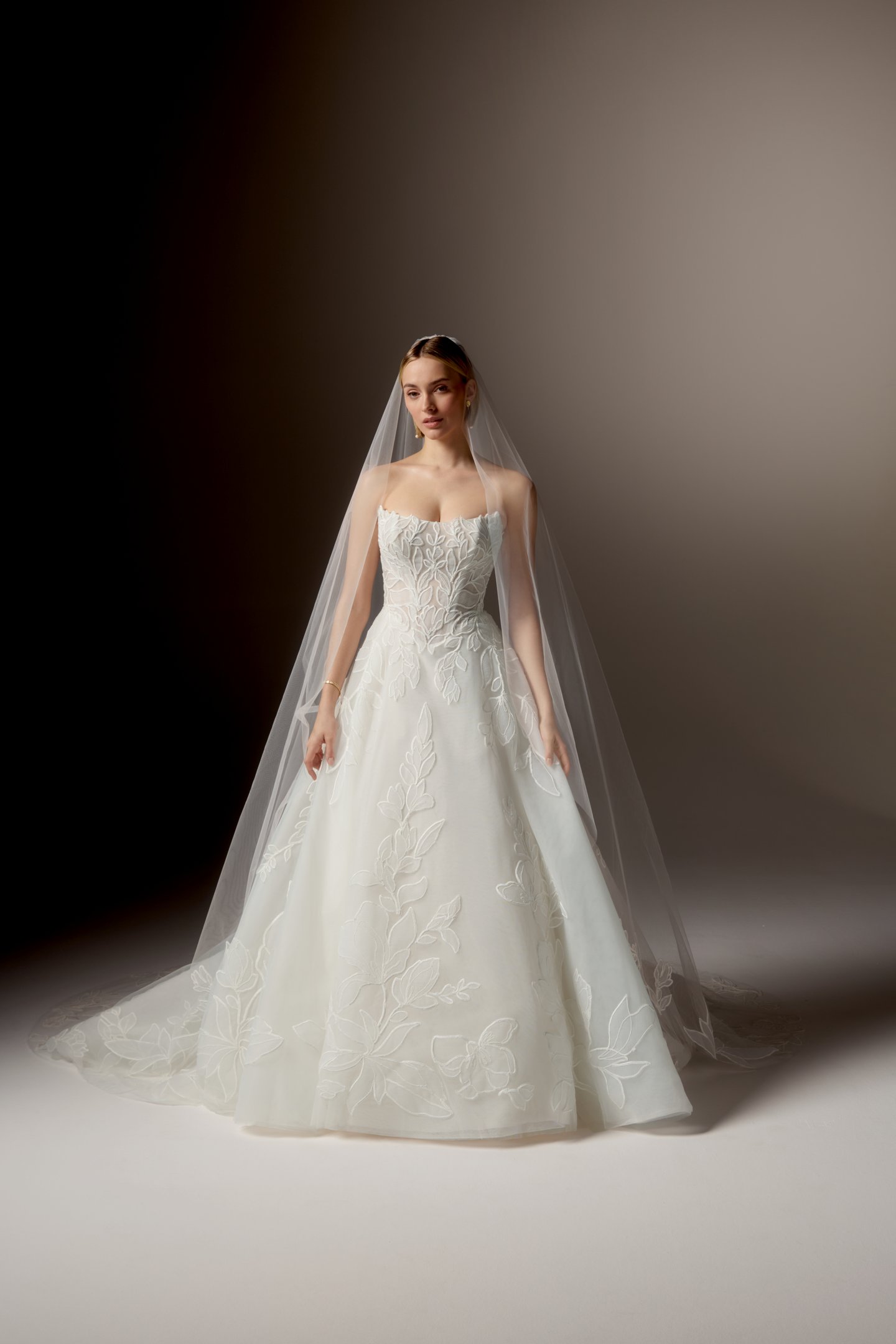 Justin Alexander Signature Style 99405 RAVENNA Embroidered Tulle Ball Gown with Embroidered Soutache Tulle Appliqués Throughout and Cat Eye Neckline