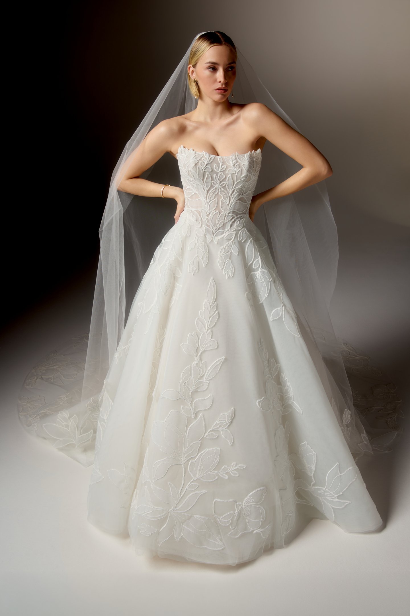 Justin Alexander Signature Style 99405 RAVENNA Embroidered Tulle Ball Gown with Embroidered Soutache Tulle Appliqués Throughout and Cat Eye Neckline