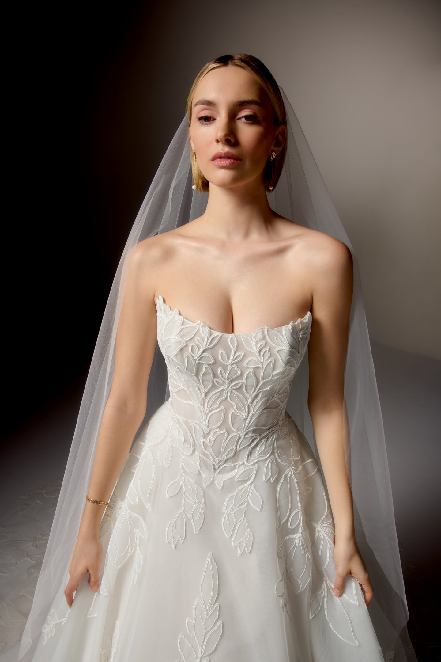 Justin Alexander Signature Style 99405 RAVENNA Embroidered Tulle Ball Gown with Embroidered Soutache Tulle Appliqués Throughout and Cat Eye Neckline