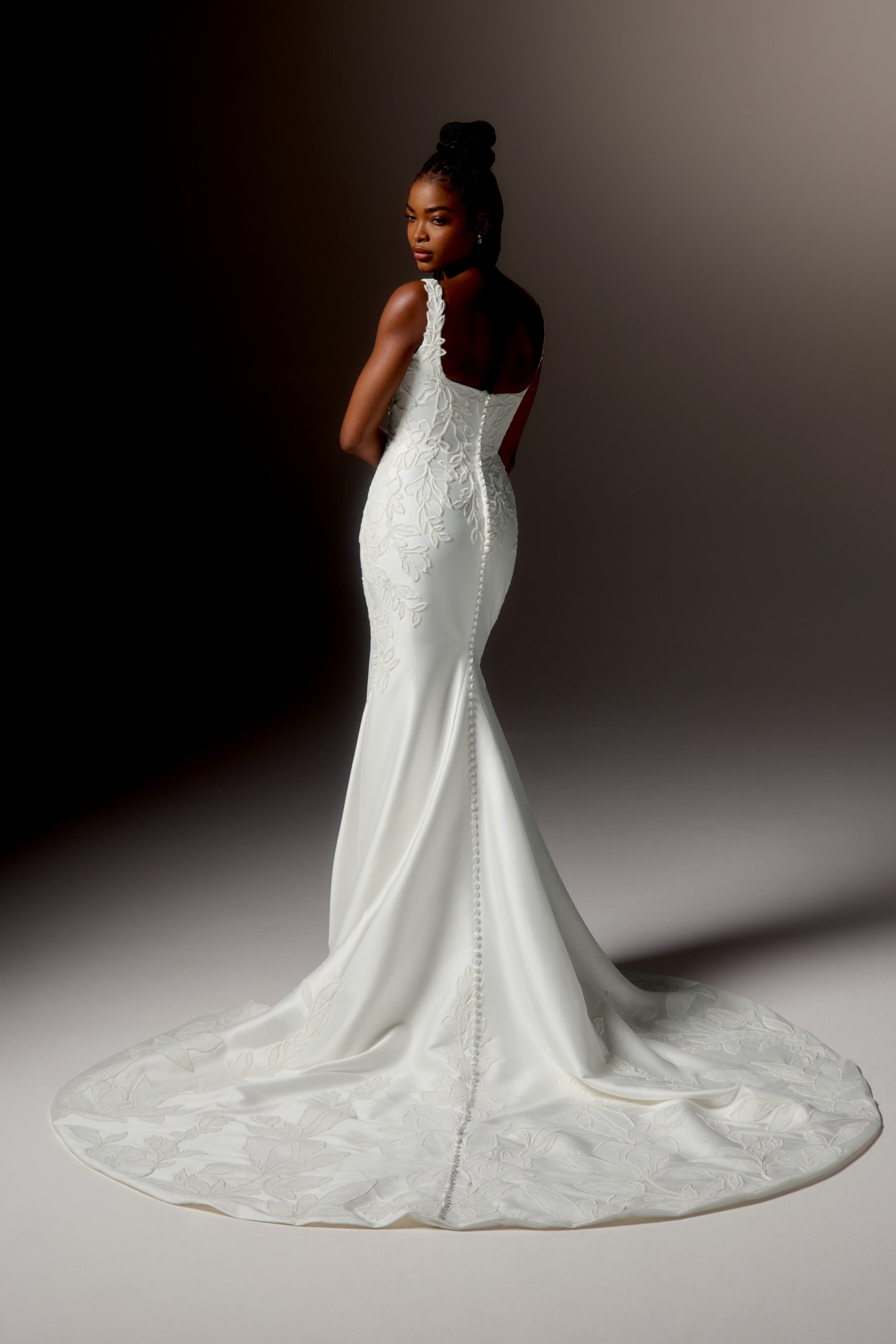 Justin Alexander Signature Style 99406 ARDESIA Stretch Mikado Fit and Flare Gown with Ivory Embroidered Soutache Throughout and Square Neckline