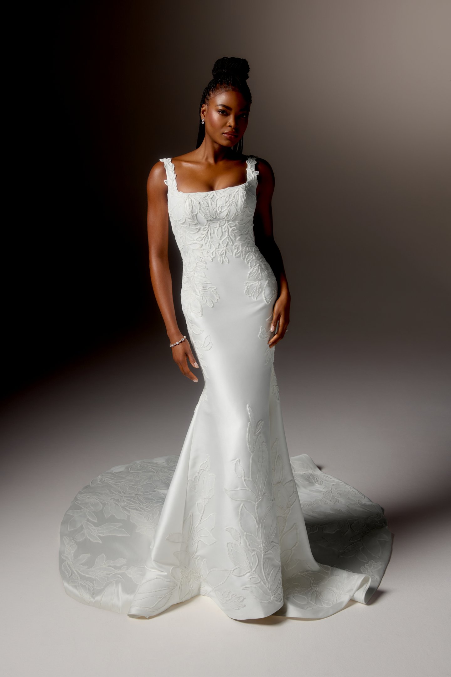 Justin Alexander Signature Style 99406 ARDESIA Stretch Mikado Fit and Flare Gown with Ivory Embroidered Soutache Throughout and Square Neckline
