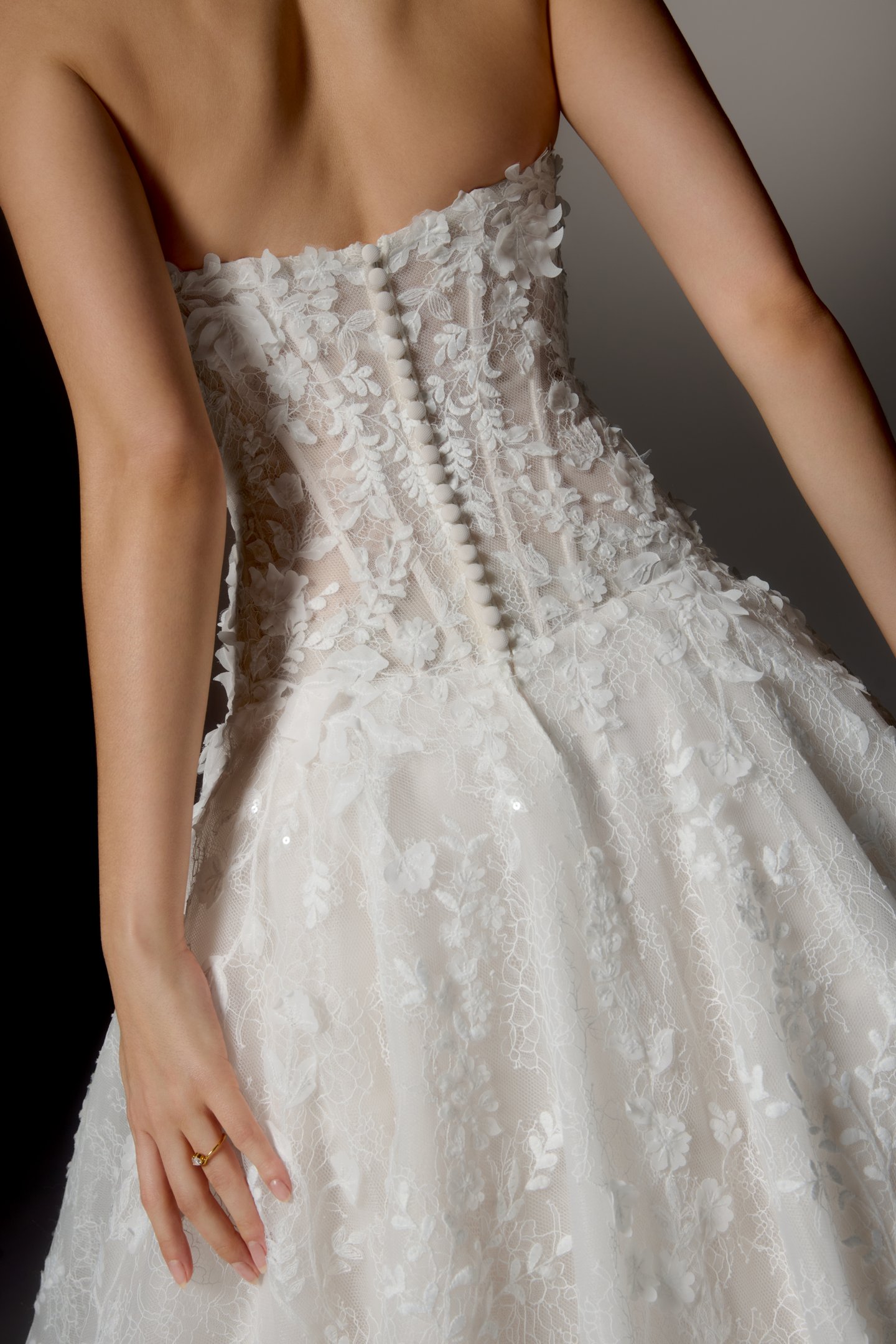 Justin Alexander Signature Style 99407 CARAVINA Allover Lace Dropped Waistline Ball Gown with Strapless Cat Eye Neckline and Matte Floral Appliqués and 3D Chiffon Florals