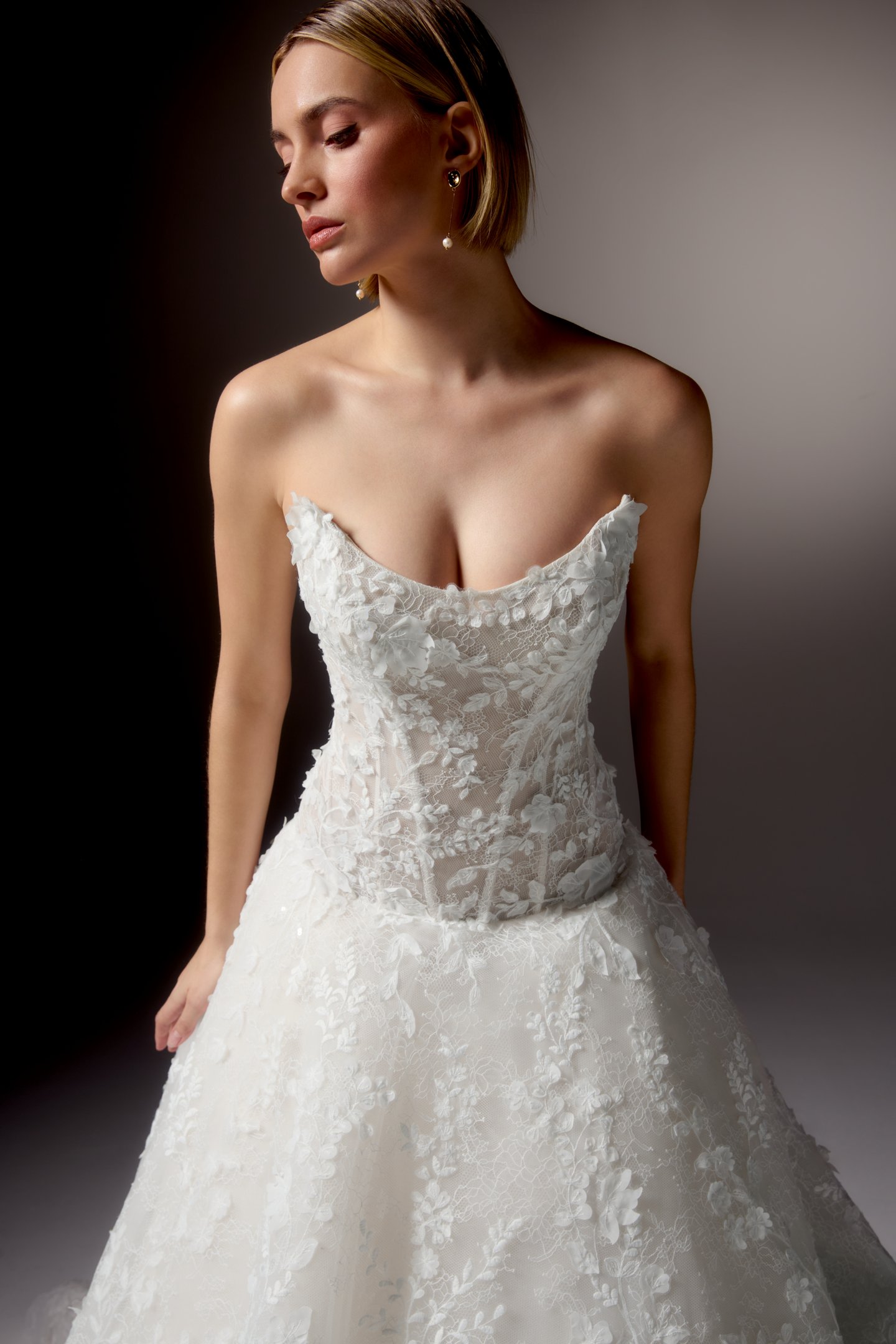 Justin Alexander Signature Style 99407 CARAVINA Allover Lace Dropped Waistline Ball Gown with Strapless Cat Eye Neckline and Matte Floral Appliqués and 3D Chiffon Florals