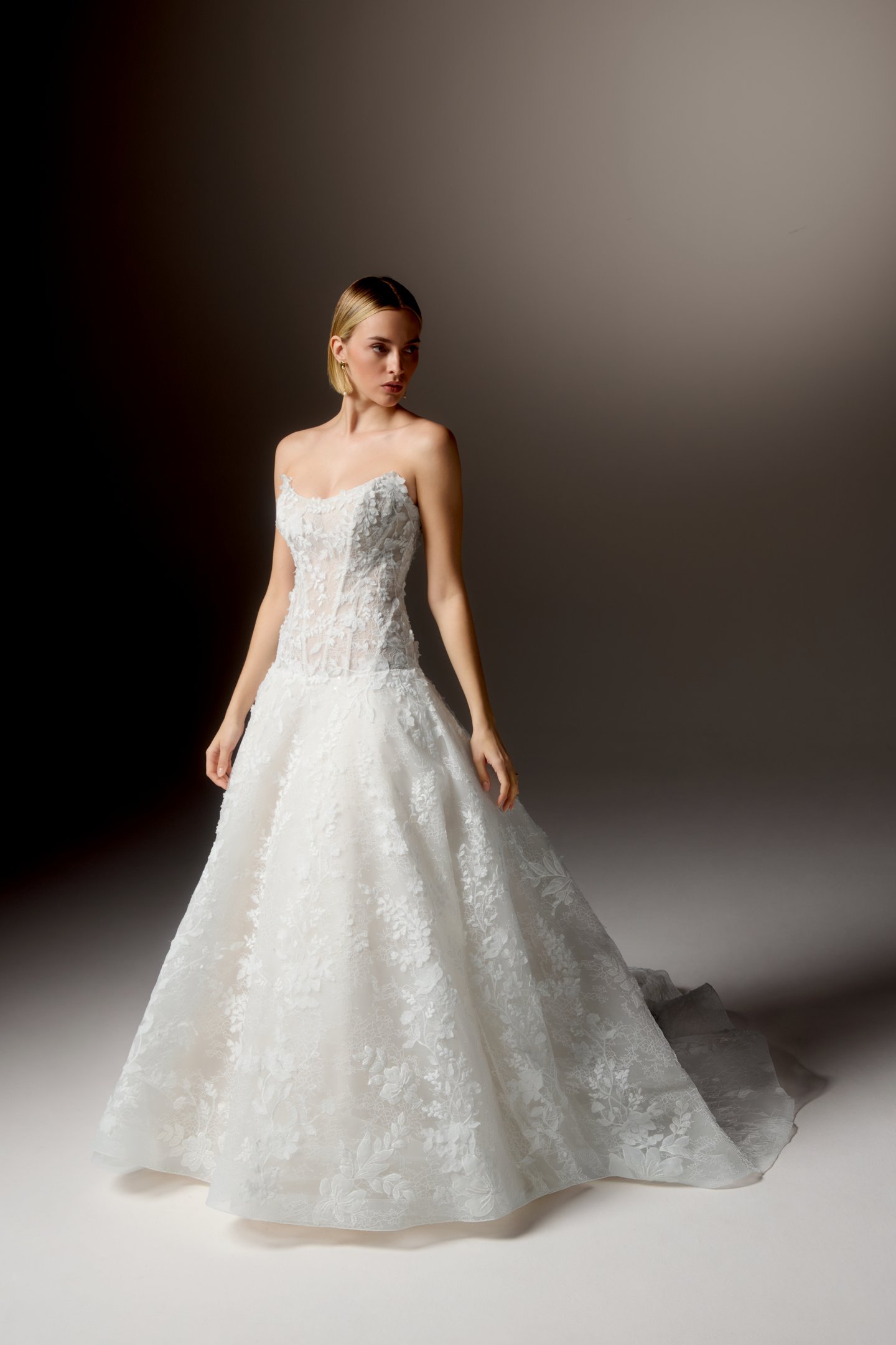 Justin Alexander Signature Style 99407 CARAVINA Allover Lace Dropped Waistline Ball Gown with Strapless Cat Eye Neckline and Matte Floral Appliqués and 3D Chiffon Florals