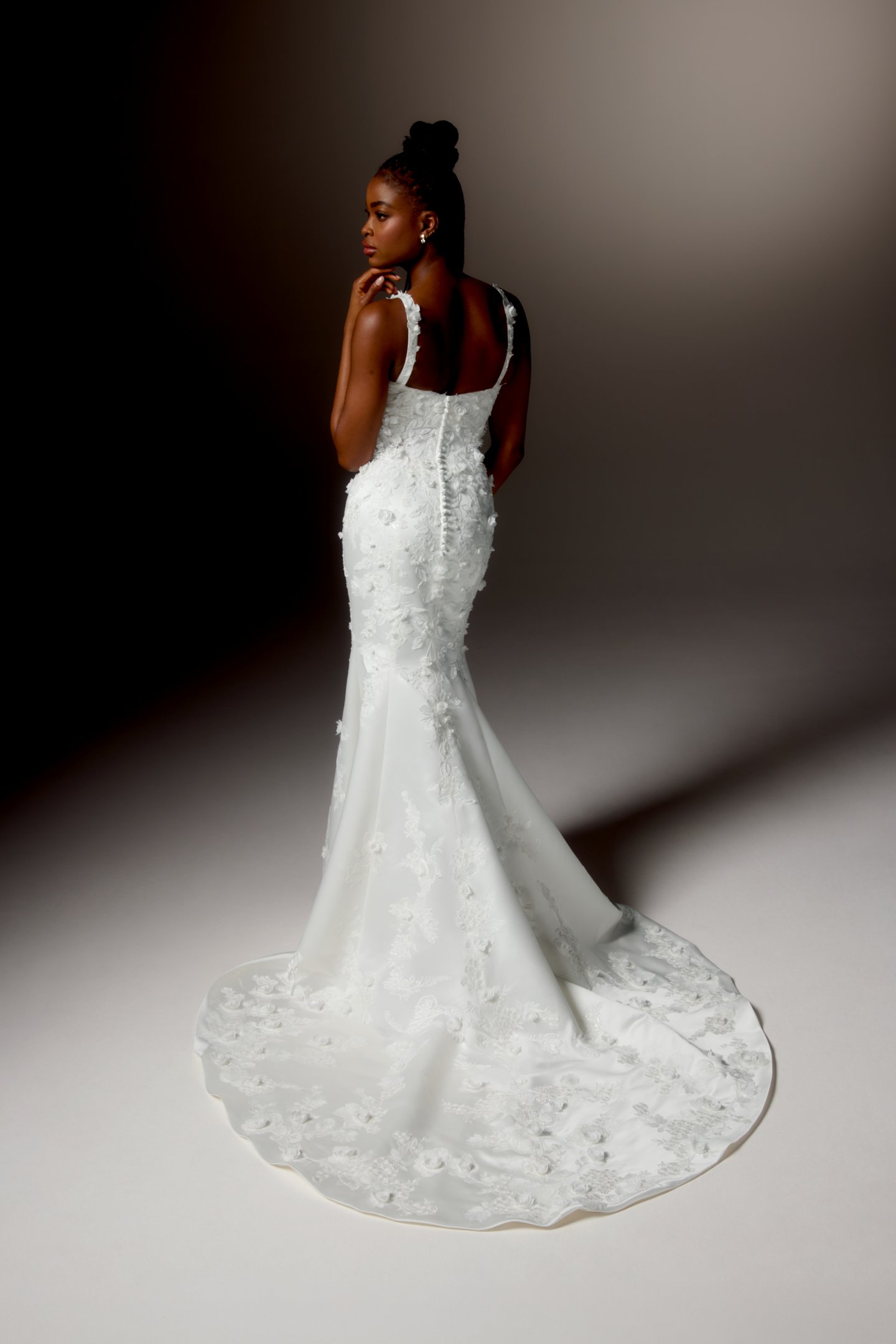 Justin Alexander Signature Style 99408 CELESTINE Square Neckline Satin Fit and Flare Wedding Gown Adorned with Sequin Embroidered Lace Appliqués and 3D Chiffon Florals