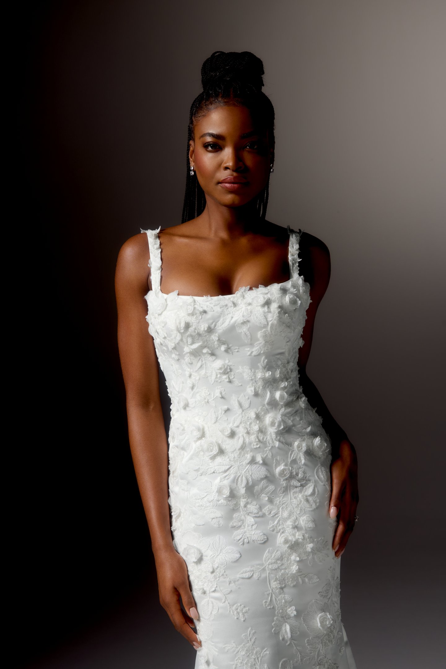Justin Alexander Signature Style 99408 CELESTINE Square Neckline Satin Fit and Flare Wedding Gown Adorned with Sequin Embroidered Lace Appliqués and 3D Chiffon Florals