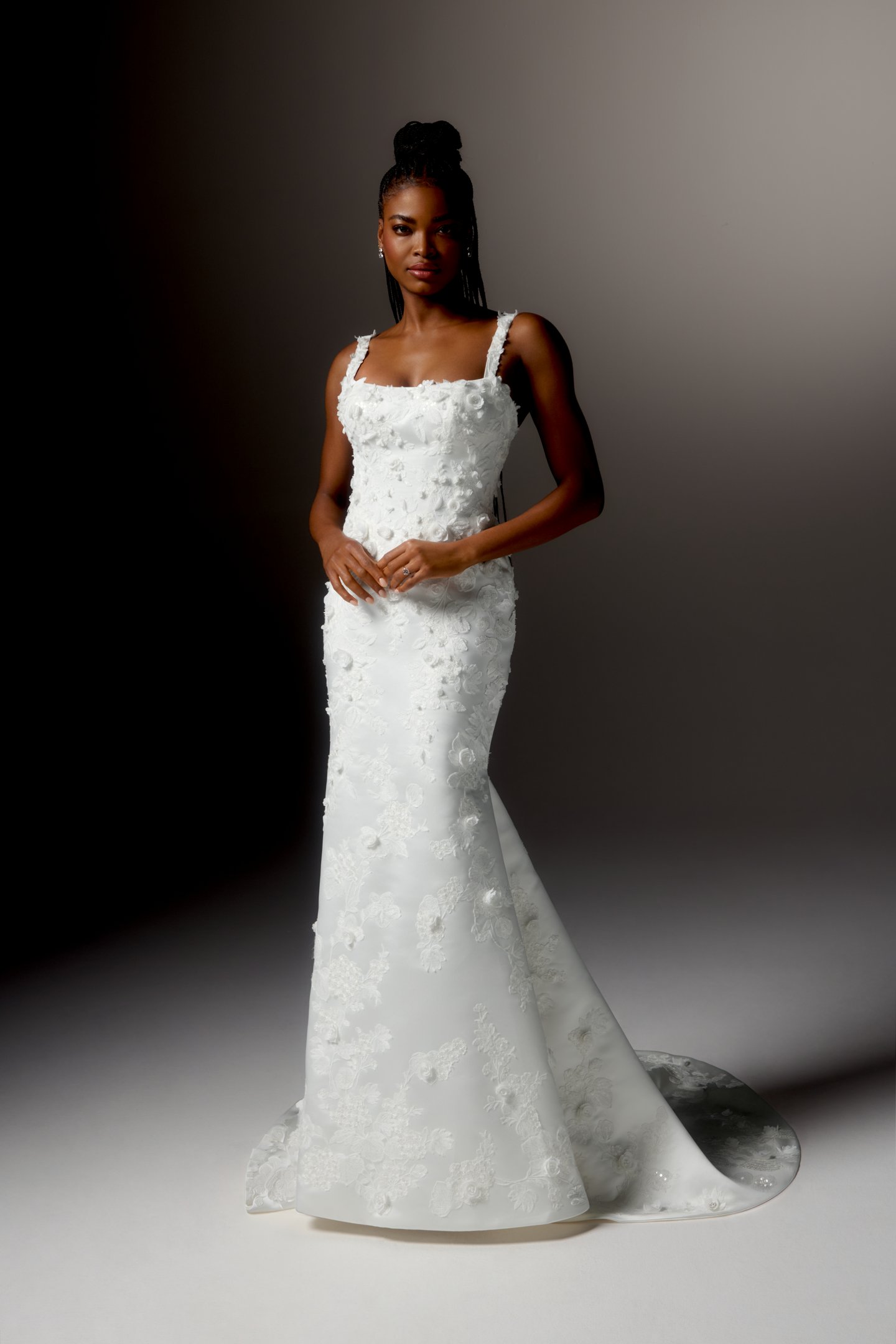 Justin Alexander Signature Style 99408 CELESTINE Square Neckline Satin Fit and Flare Wedding Gown Adorned with Sequin Embroidered Lace Appliqués and 3D Chiffon Florals