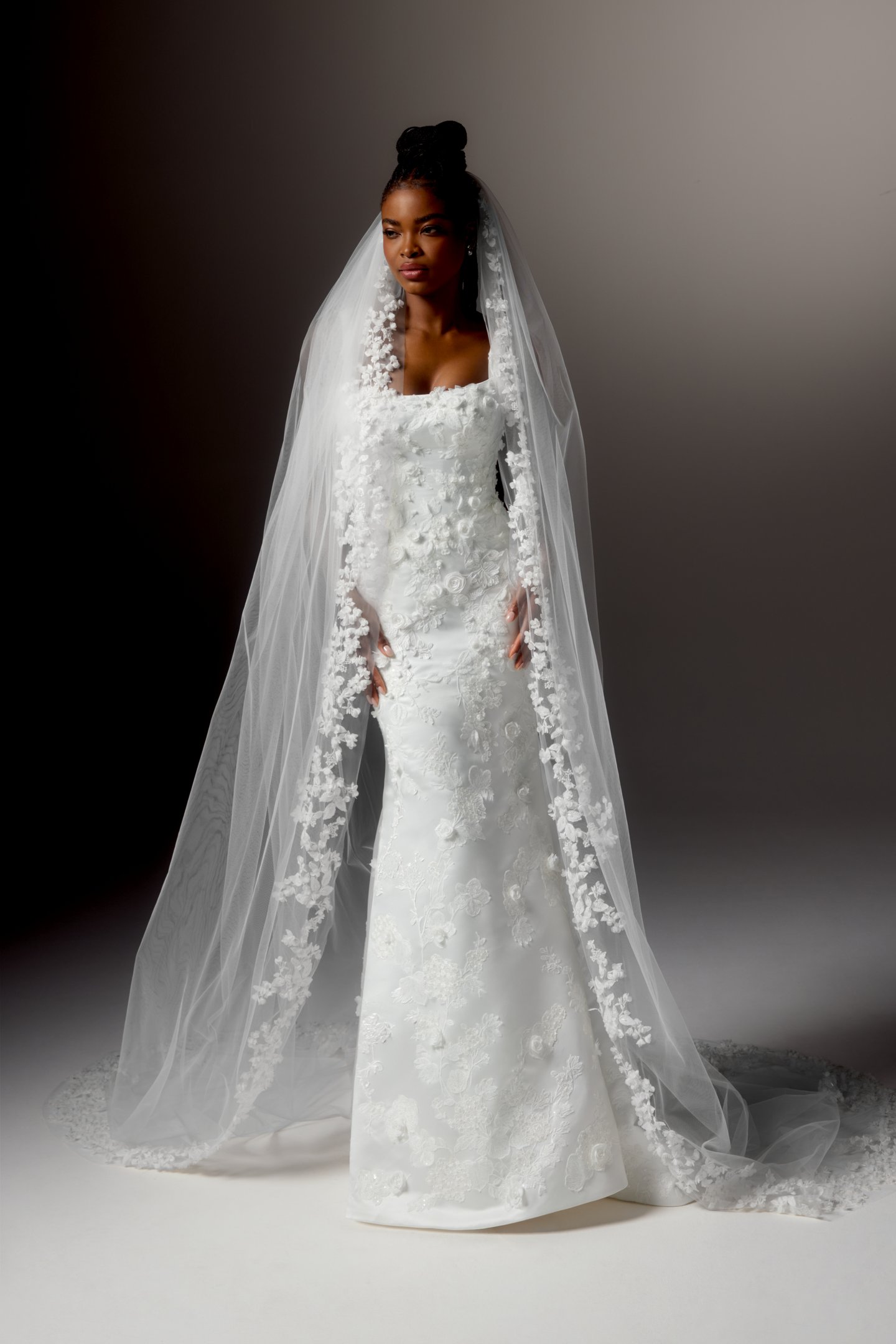 Justin Alexander Signature Style 99408 CELESTINE Square Neckline Satin Fit and Flare Wedding Gown Adorned with Sequin Embroidered Lace Appliqués and 3D Chiffon Florals