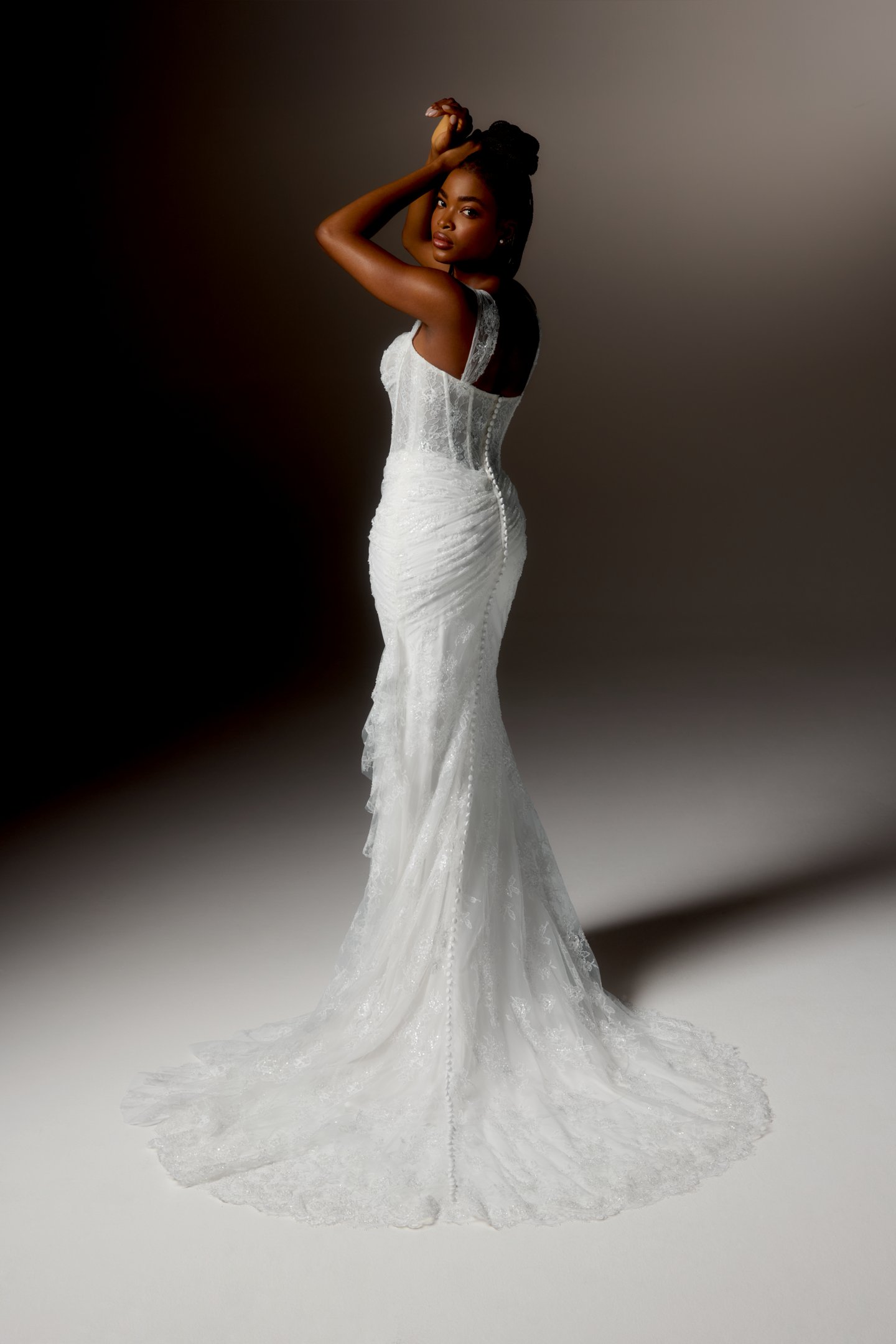 Justin Alexander Signature Style 99409 AURETTE Sparkling Allover Chantilly Lace Fit and Flare Gown with Draped Pleats at Bustline and Hip with Basque Waist
