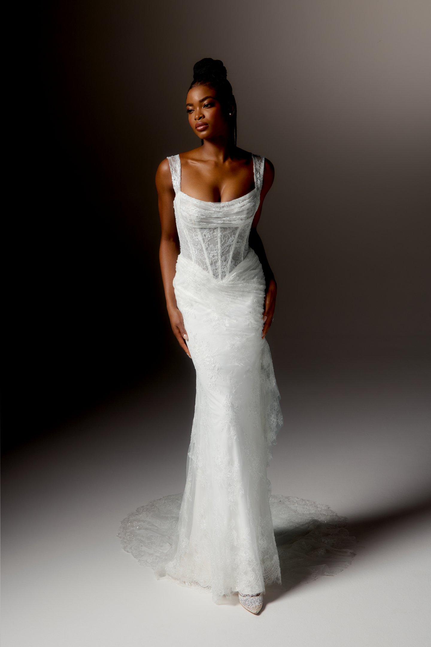 Justin Alexander Signature Style 99409 AURETTE Sparkling Allover Chantilly Lace Fit and Flare Gown with Draped Pleats at Bustline and Hip with Basque Waist