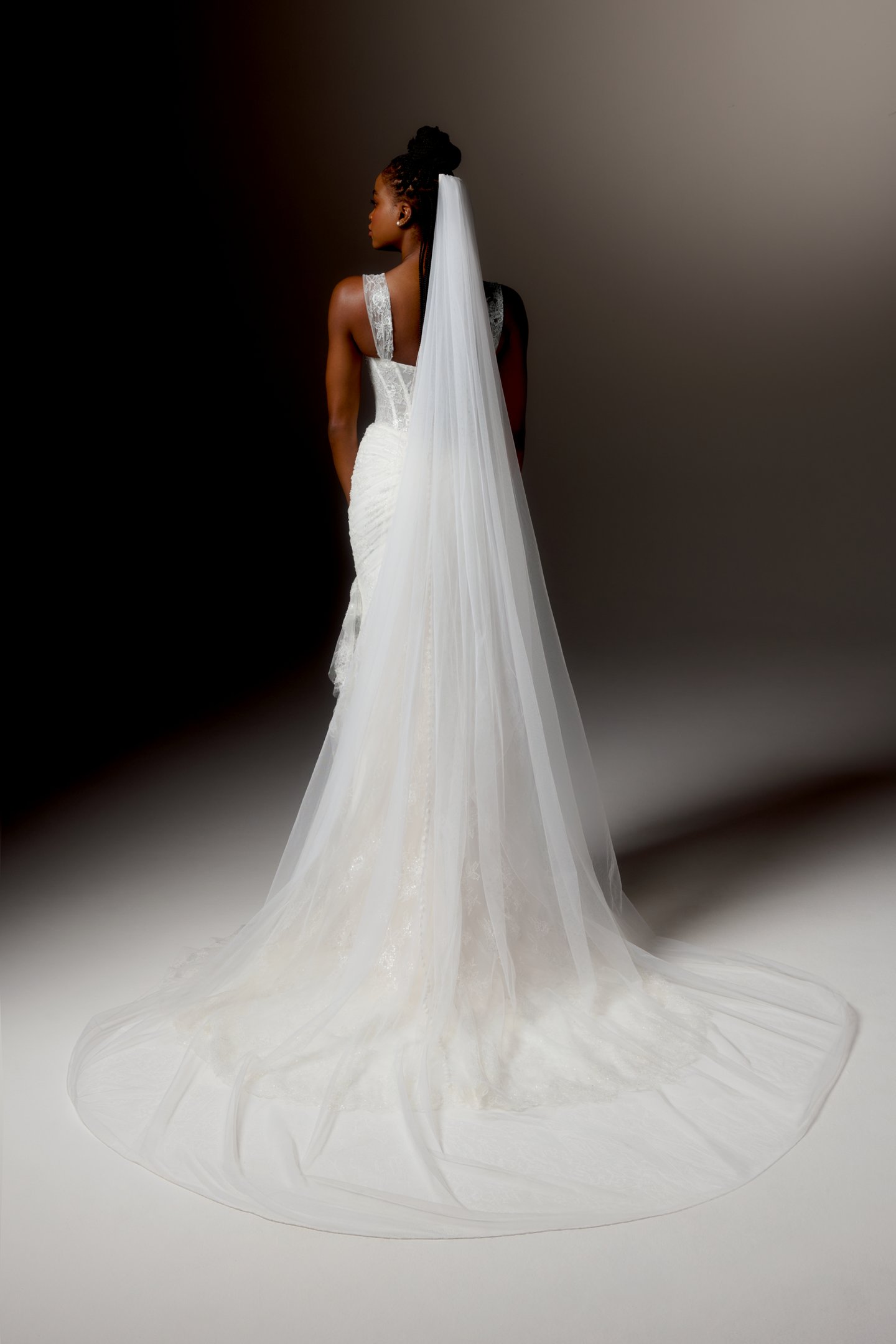 Justin Alexander Signature Style 99409 AURETTE Sparkling Allover Chantilly Lace Fit and Flare Gown with Draped Pleats at Bustline and Hip with Basque Waist