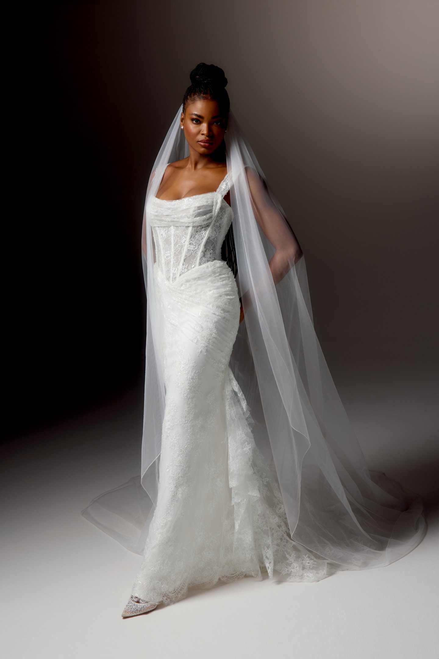 Justin Alexander Signature Style 99409 AURETTE Sparkling Allover Chantilly Lace Fit and Flare Gown with Draped Pleats at Bustline and Hip with Basque Waist