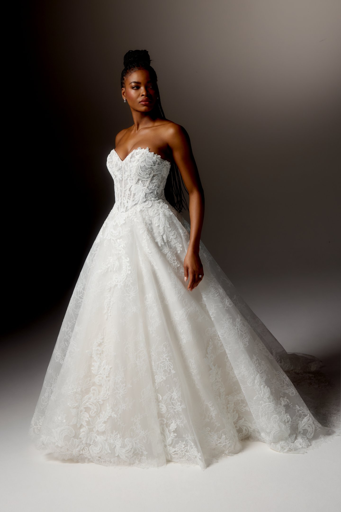 Justin Alexander Signature Style 99410 UMBRA Allover Lace A-Line Gown with Strapless Sweetheart Neckline and Matte Floral Lace Appliqués