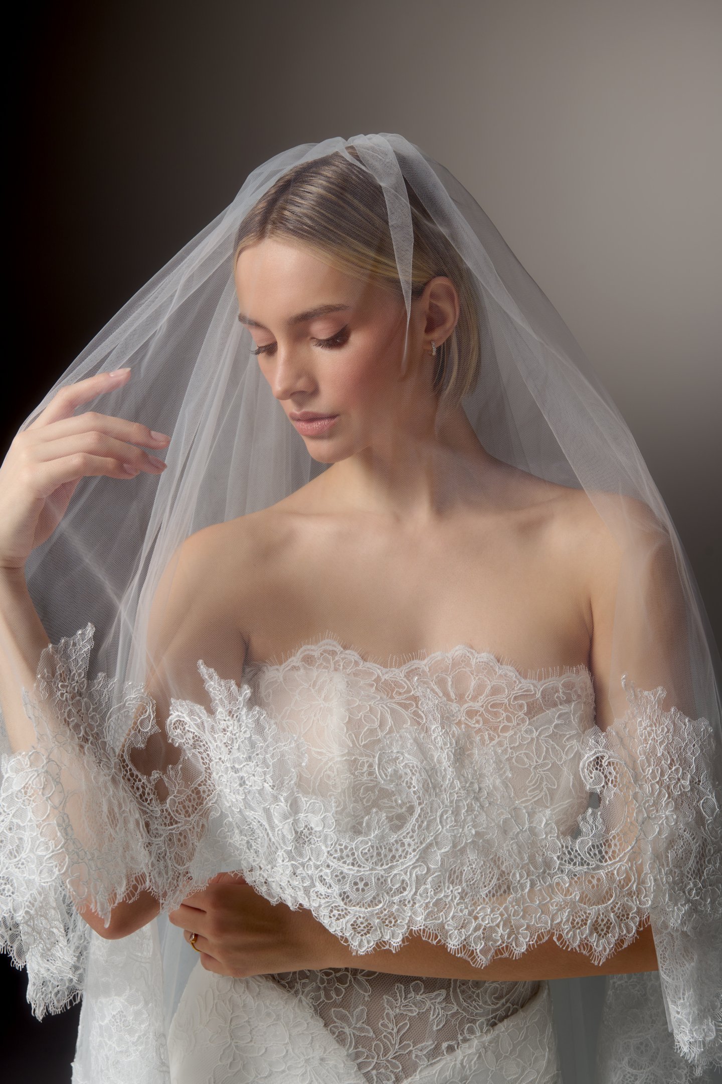 Justin Alexander Signature Style 99411 EIRENE Matte Allover Corded Lace Fit and Flare Gown with Strapless Scalloped Neckline and Sheer Bodice