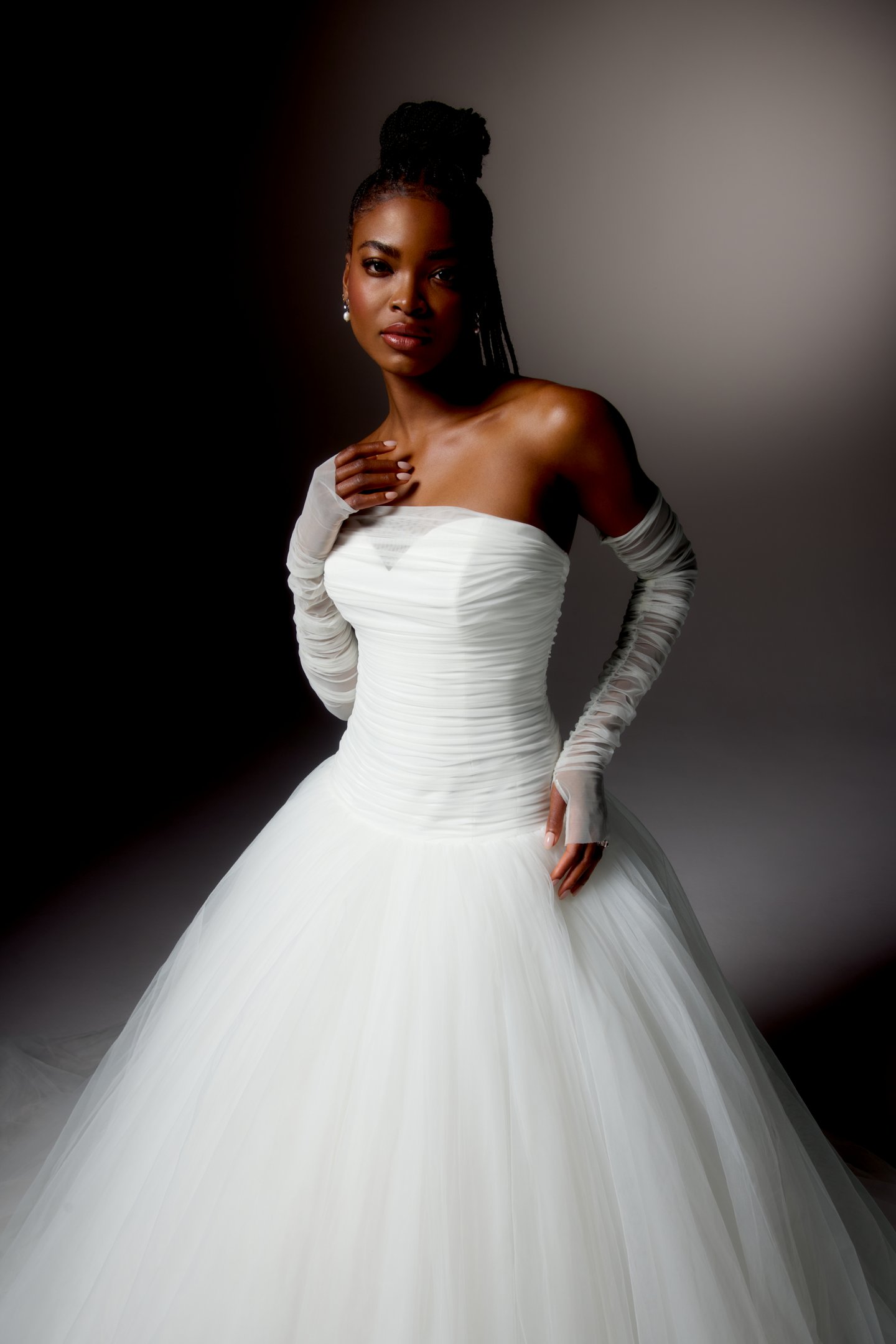 Justin Alexander Signature Style 99412 ROSALIND Clean Tulle Ball Gown with Draped Straight Neckline and Dropped Waistline with Gathered Tulle Skirt