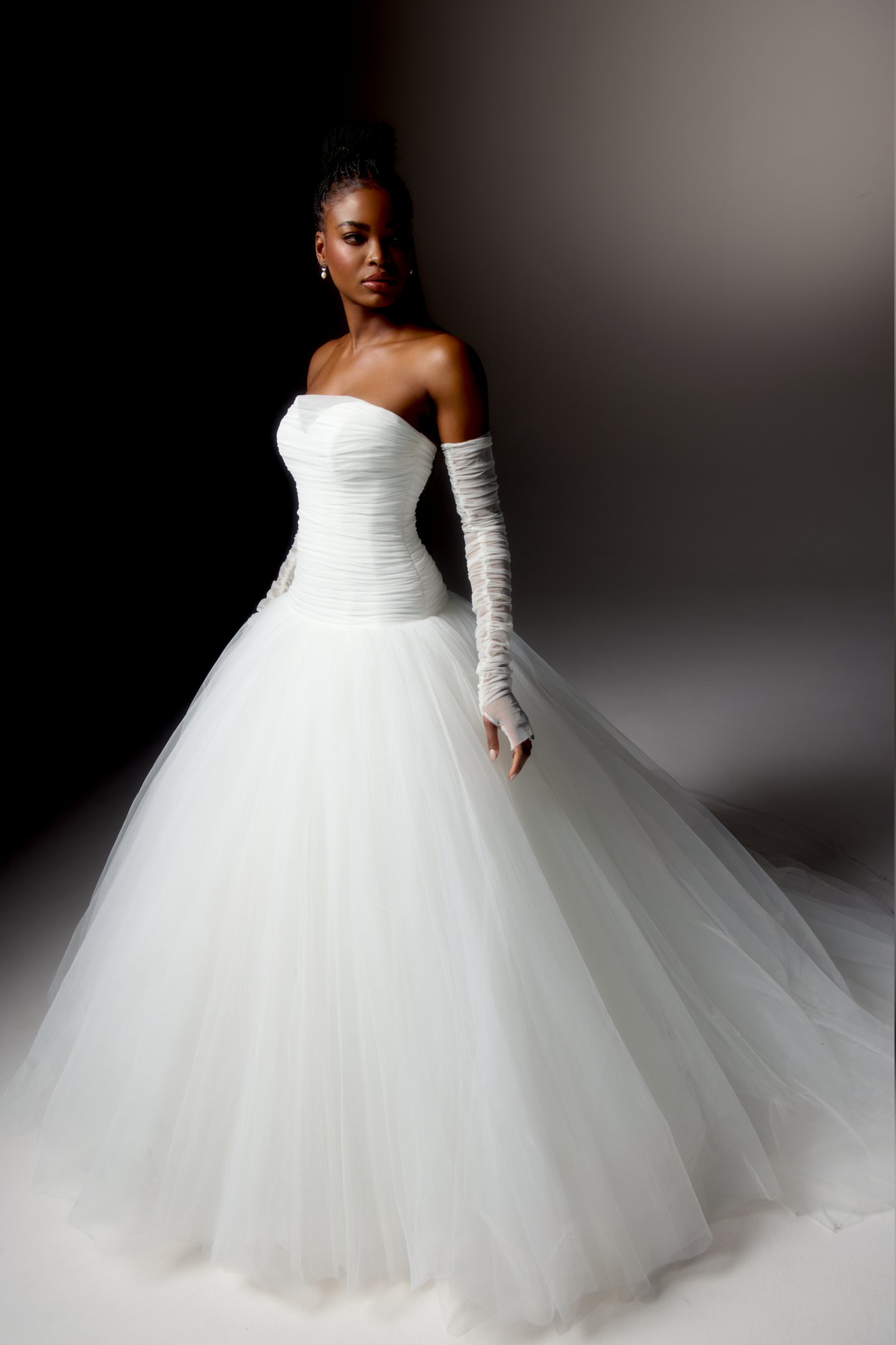 Justin Alexander Signature Style 99412 ROSALIND Clean Tulle Ball Gown with Draped Straight Neckline and Dropped Waistline with Gathered Tulle Skirt