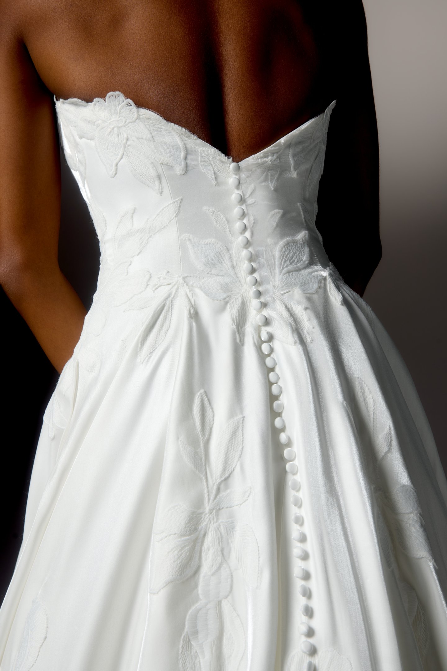 Justin Alexander Signature Style 99414 LUCEA Liquid Charmeuse A-Line Gown with Strapless Sweetheart Neckline and Floral Matte Lace Appliqués