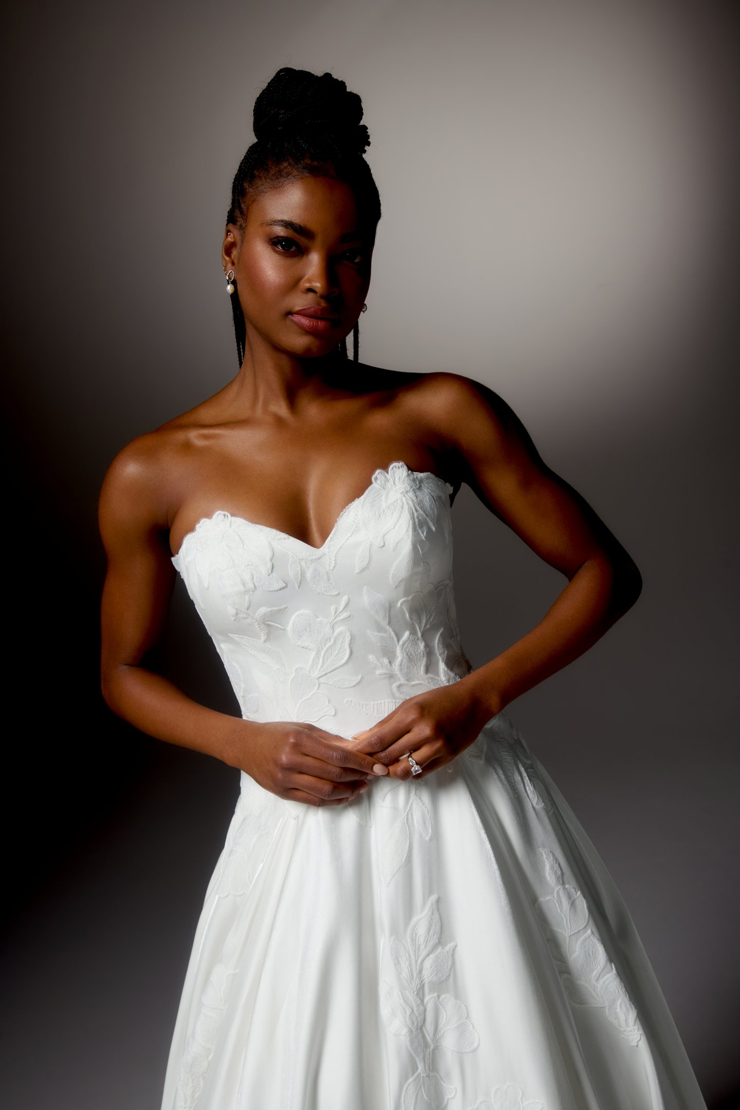 Justin Alexander Signature Style 99414 LUCEA Liquid Charmeuse A-Line Gown with Strapless Sweetheart Neckline and Floral Matte Lace Appliqués