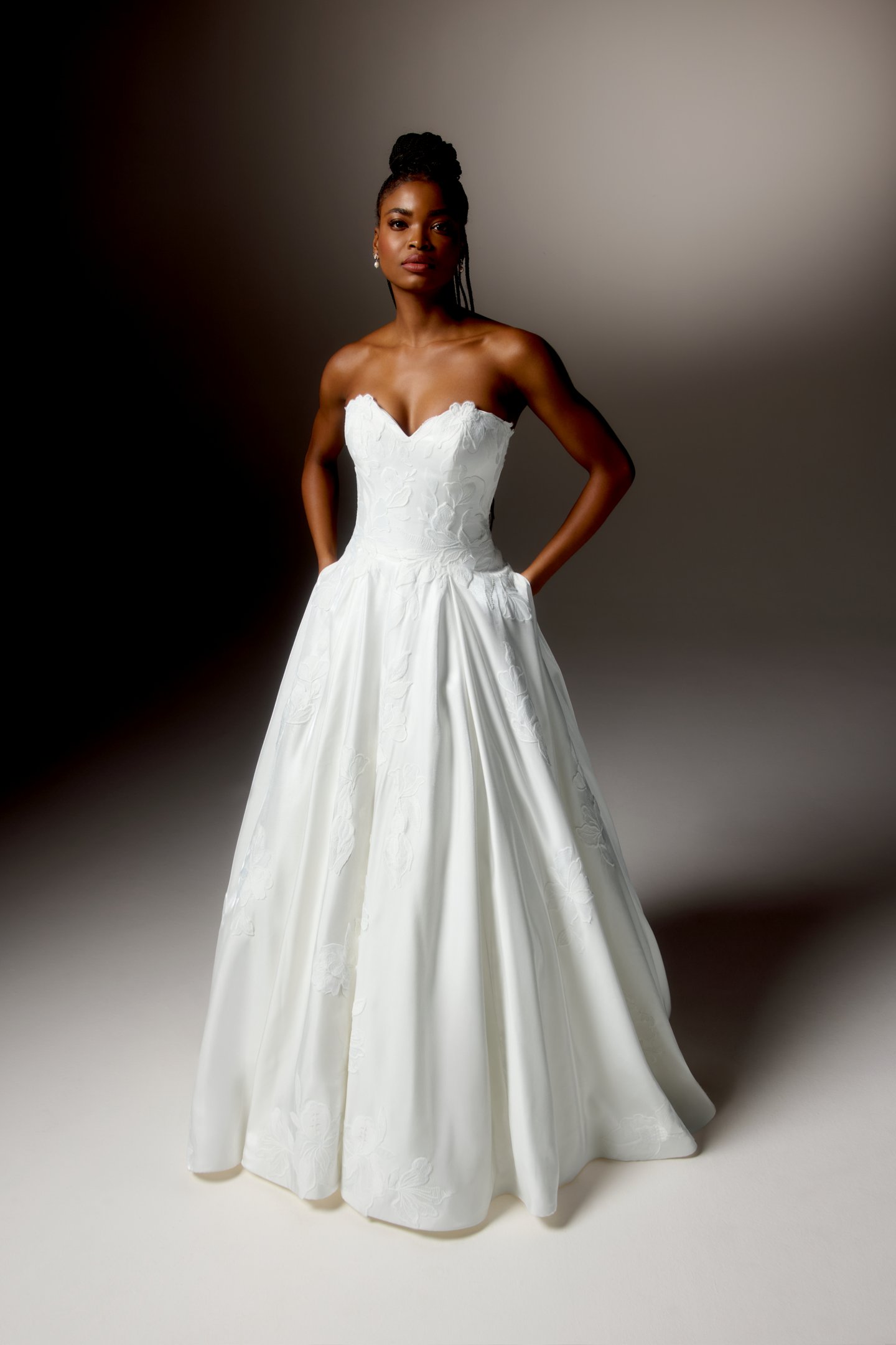 Justin Alexander Signature Style 99414 LUCEA Liquid Charmeuse A-Line Gown with Strapless Sweetheart Neckline and Floral Matte Lace Appliqués
