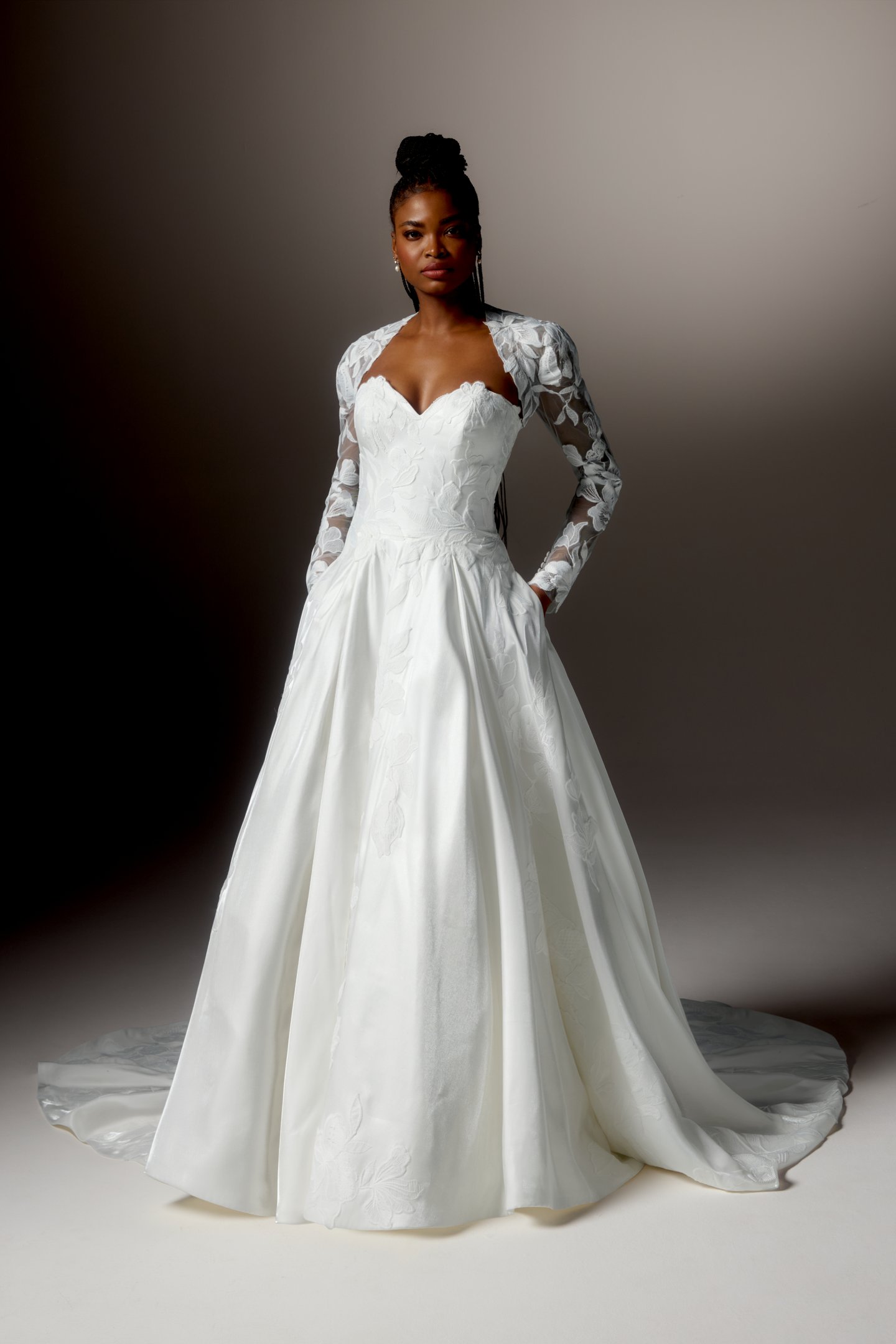 Justin Alexander Signature Style 99414 LUCEA Liquid Charmeuse A-Line Gown with Strapless Sweetheart Neckline and Floral Matte Lace Appliqués