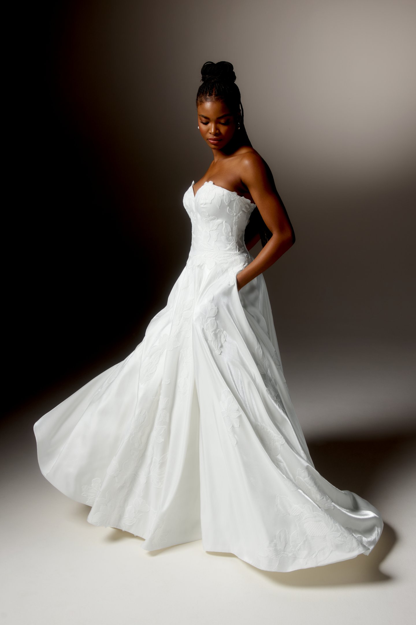 Justin Alexander Signature Style 99414 LUCEA Liquid Charmeuse A-Line Gown with Strapless Sweetheart Neckline and Floral Matte Lace Appliqués