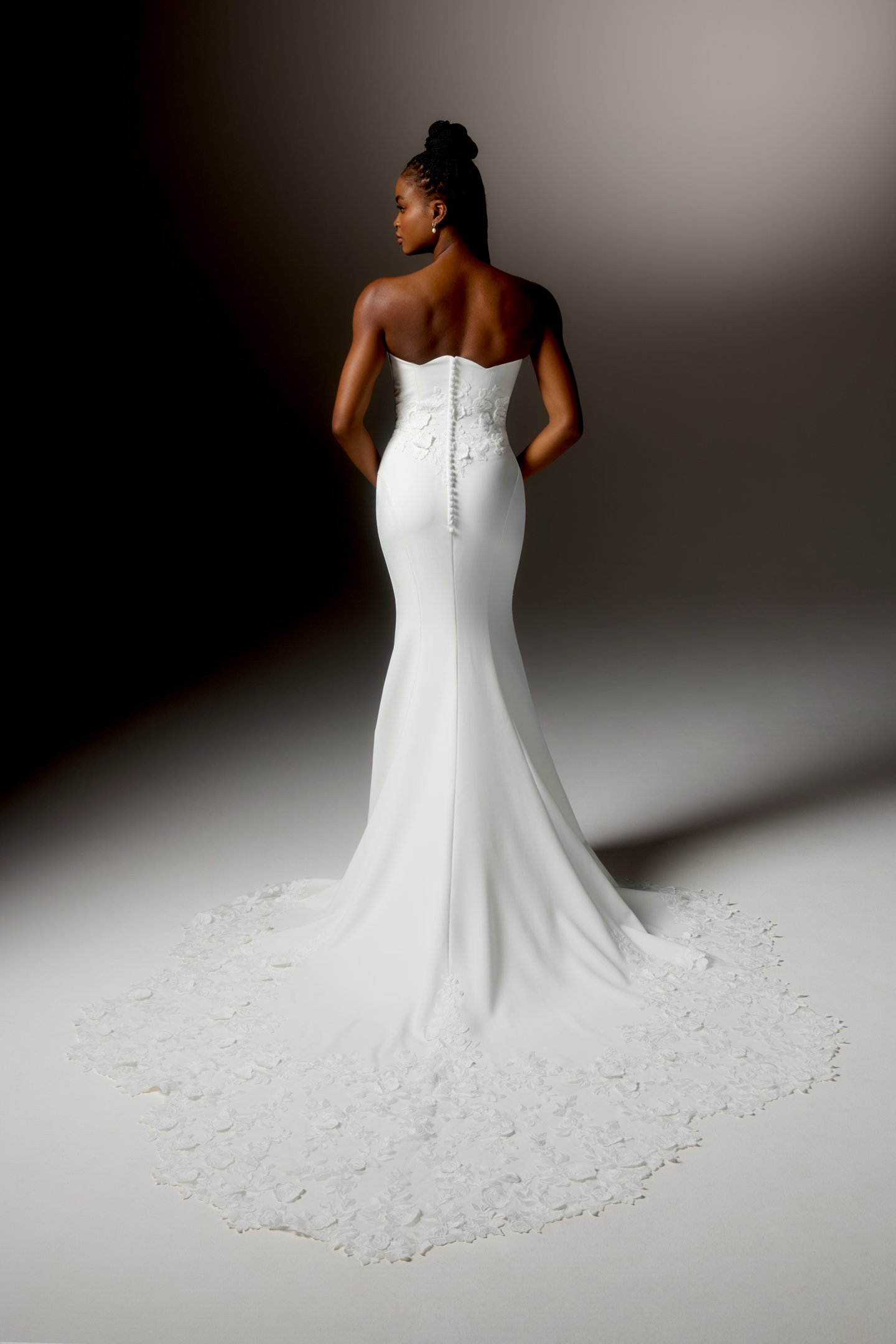 Justin Alexander Signature Style 99415 RIALTA Stretch Crepe Fit and Flare Gown with Strapless Scalloped Neckline and Matte Lace Appliqués
