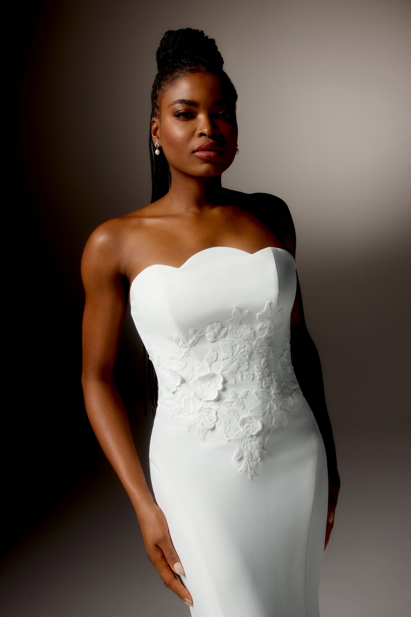 Justin Alexander Signature Style 99415 RIALTA Stretch Crepe Fit and Flare Gown with Strapless Scalloped Neckline and Matte Lace Appliqués