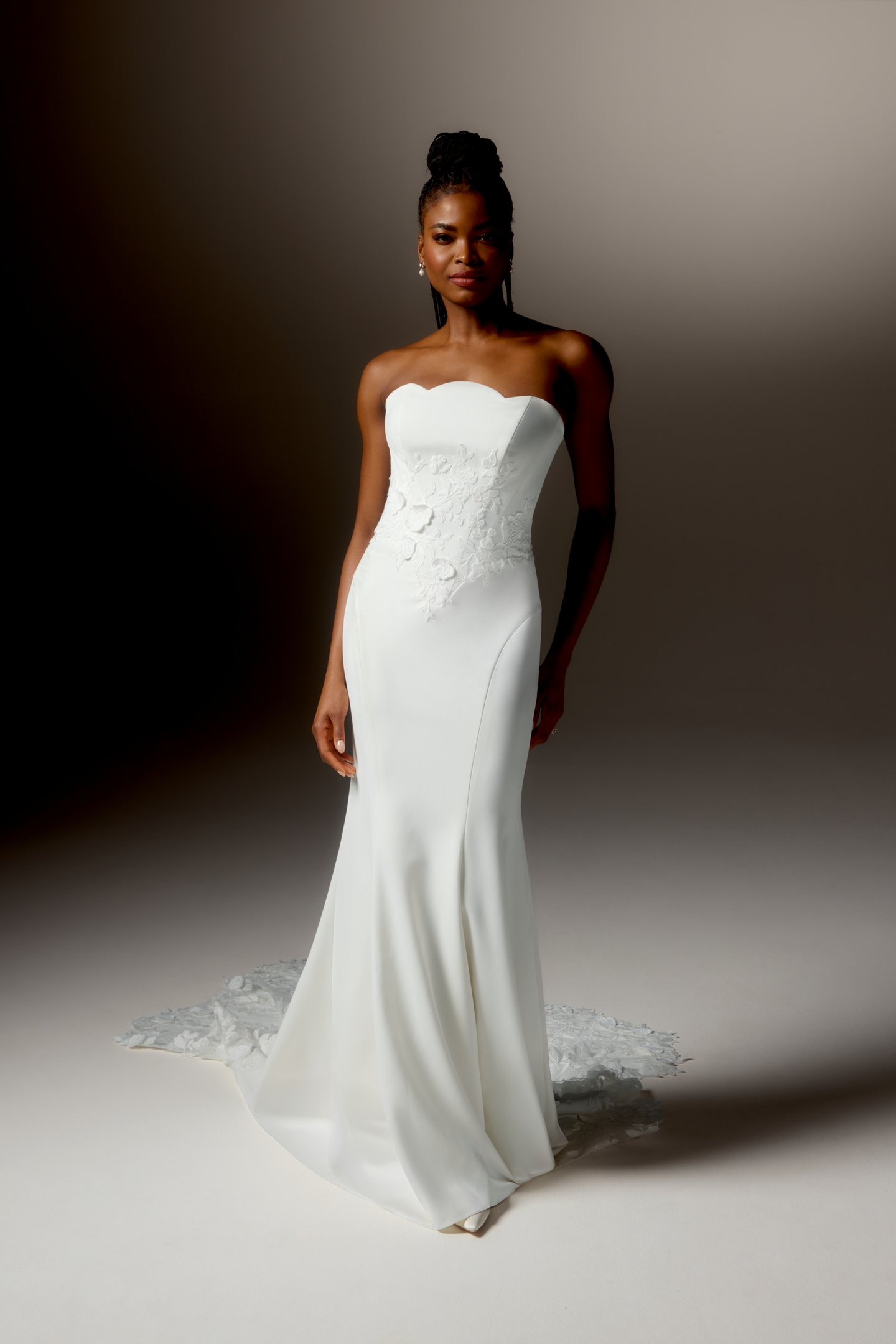 Justin Alexander Signature Style 99415 RIALTA Stretch Crepe Fit and Flare Gown with Strapless Scalloped Neckline and Matte Lace Appliqués