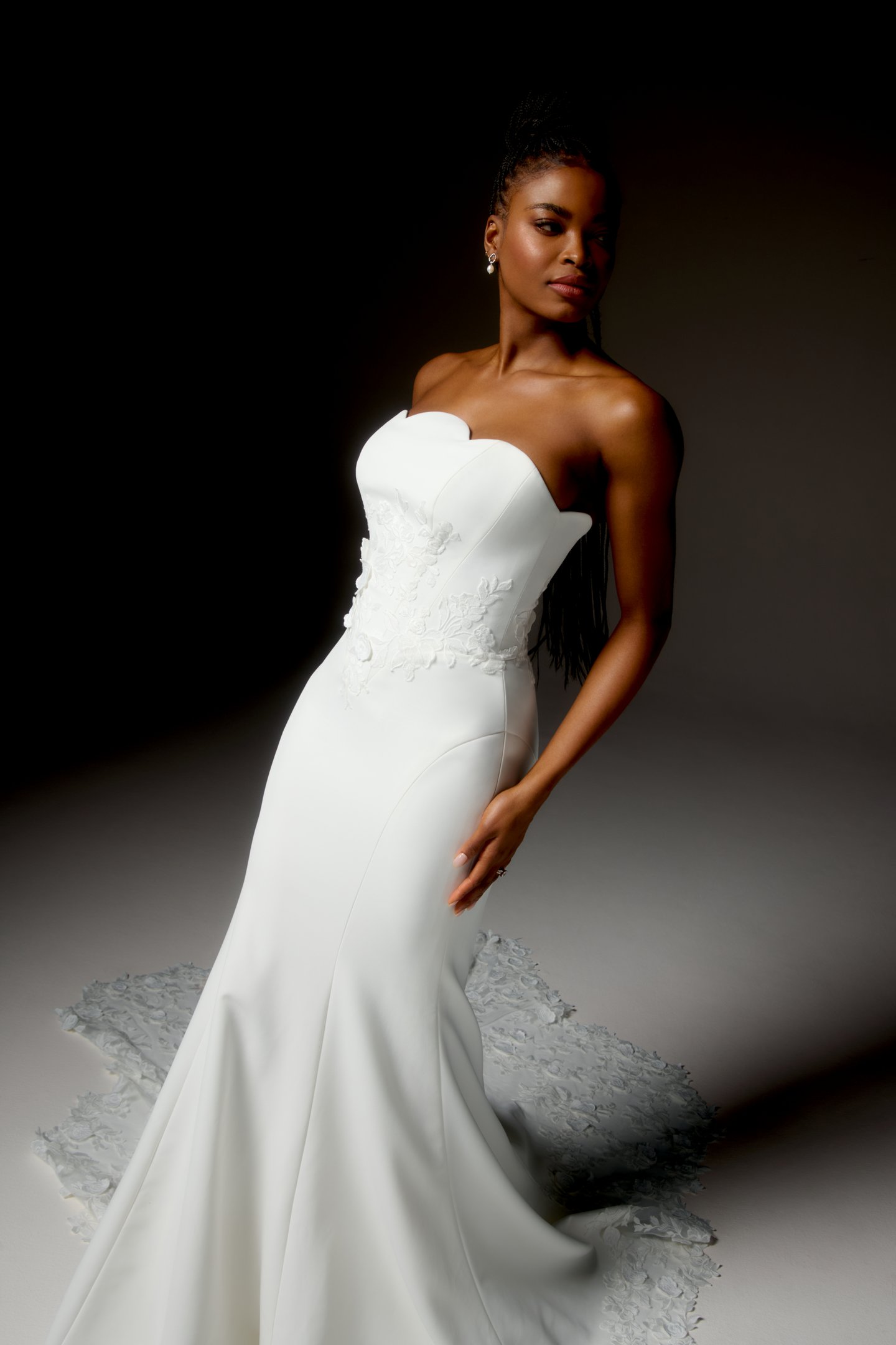 Justin Alexander Signature Style 99415 RIALTA Stretch Crepe Fit and Flare Gown with Strapless Scalloped Neckline and Matte Lace Appliqués