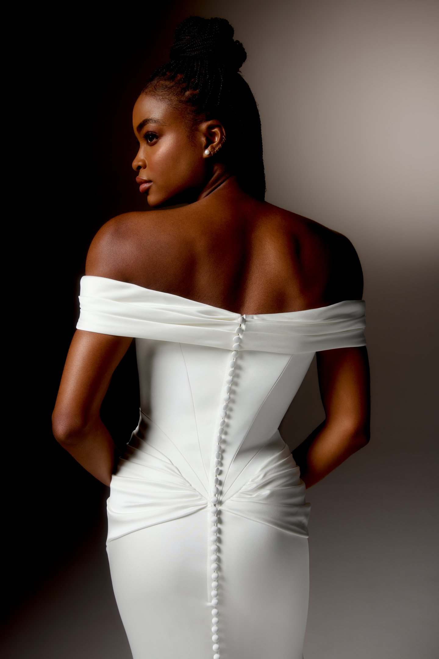 Justin Alexander Signature Style 99417 VALENCIA Charmeuse Fit and Flare Gown with Off-the-Shoulder Pleated Cuff Neckline and Pleated Hip Details