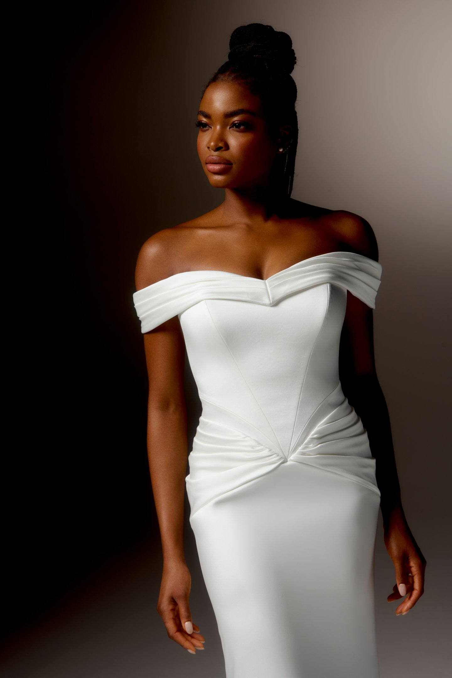 Justin Alexander Signature Style 99417 VALENCIA Charmeuse Fit and Flare Gown with Off-the-Shoulder Pleated Cuff Neckline and Pleated Hip Details