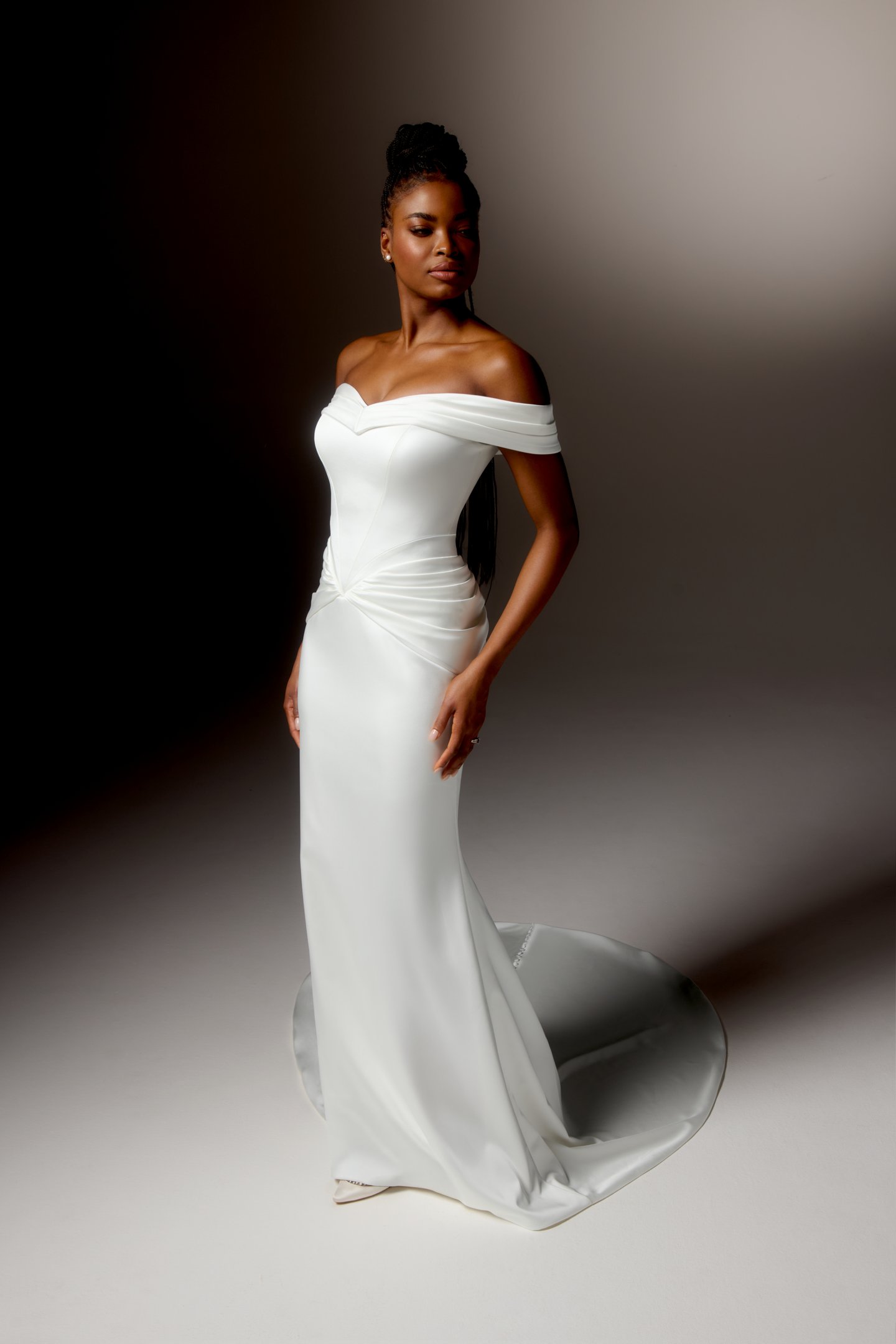 Justin Alexander Signature Style 99417 VALENCIA Charmeuse Fit and Flare Gown with Off-the-Shoulder Pleated Cuff Neckline and Pleated Hip Details
