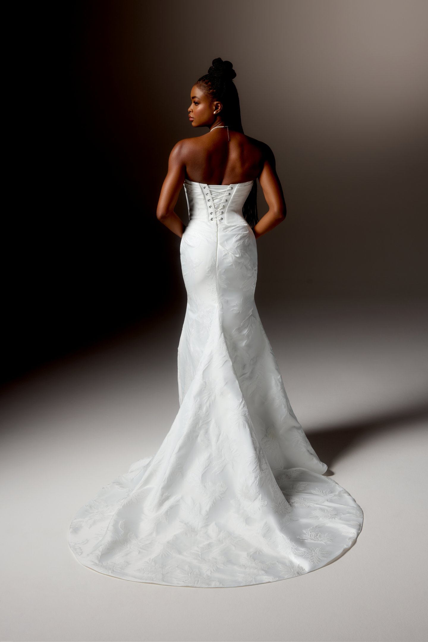 Justin Alexander Signature Style 99419 VALERIA Brocade Fit and Flare Gown with Strapless Cowl Neckline, Asymmetrical Waistline, and Sweep Train
