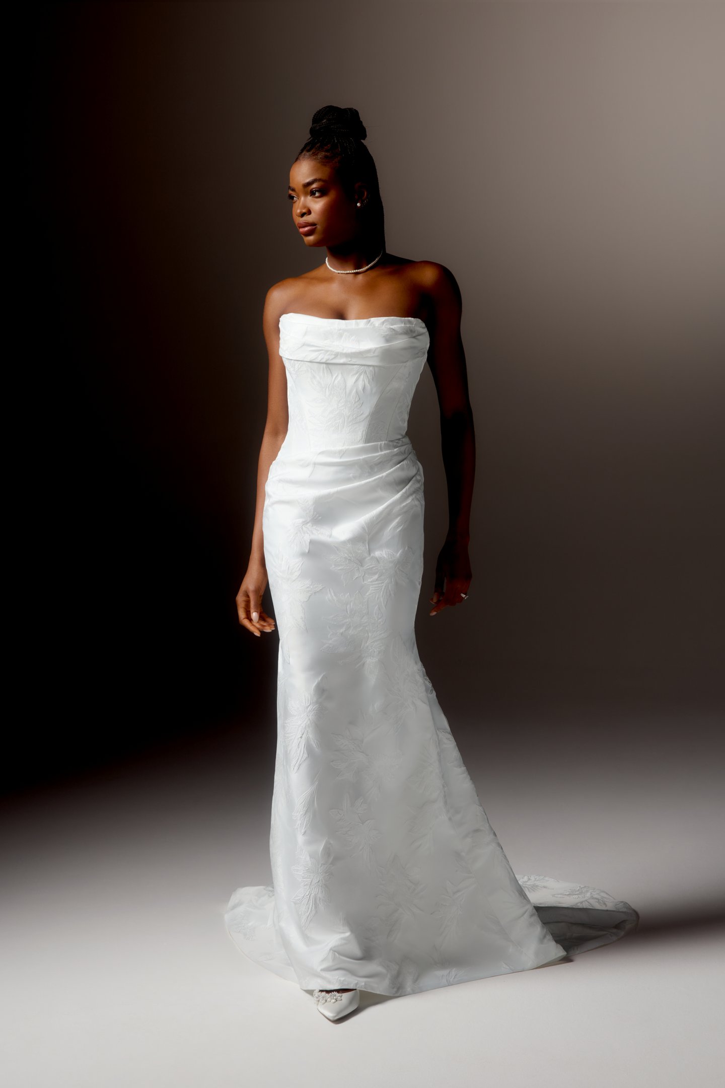Justin Alexander Signature Style 99419 VALERIA Brocade Fit and Flare Gown with Strapless Cowl Neckline, Asymmetrical Waistline, and Sweep Train