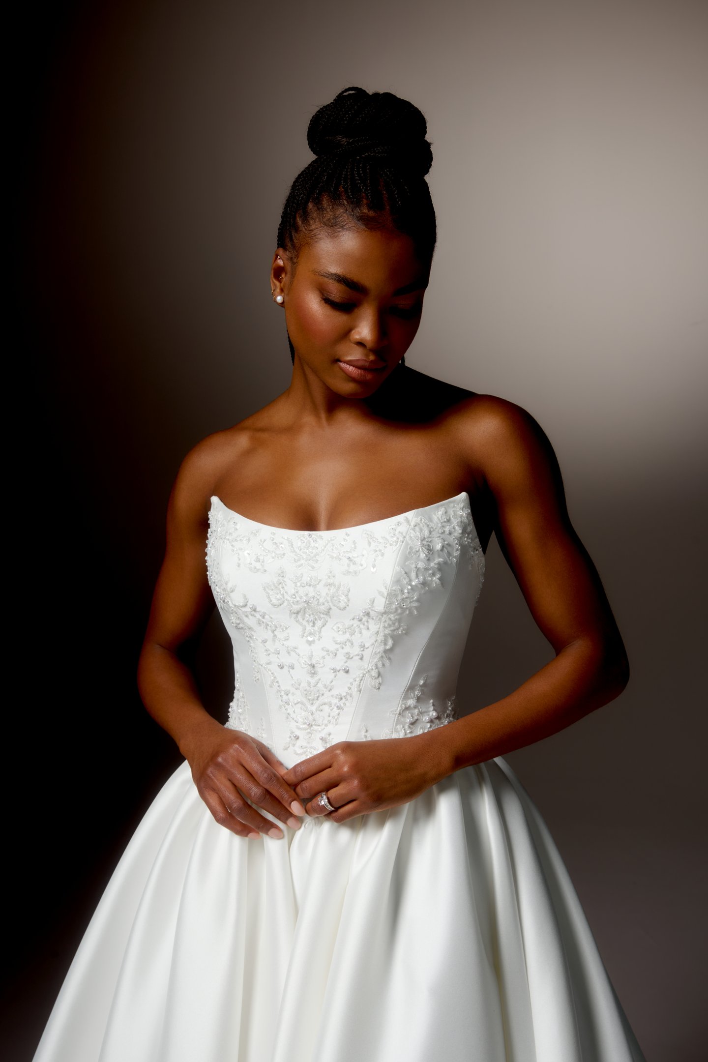 Justin Alexander Signature Style 99420 VERONA Stretch Mikado Ball Gown with Cat Eye Neckline and Beaded Embroidery on Bodice