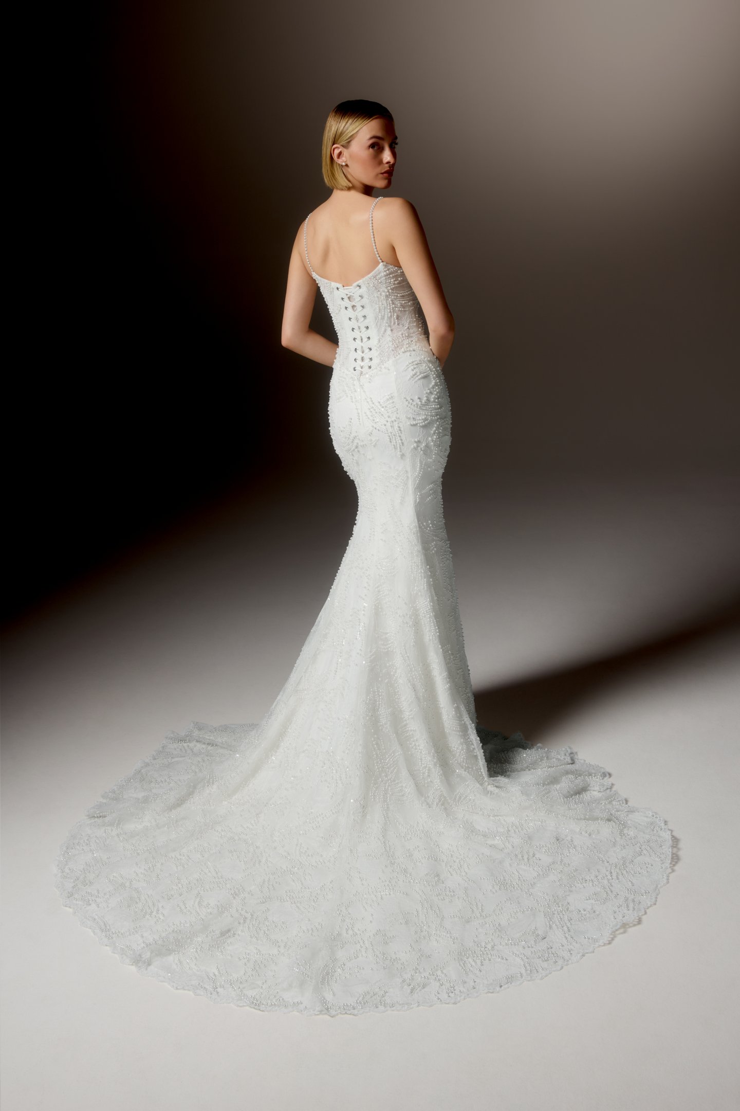Justin Alexander Signature Style 99421 FRESCATA Allover Beaded Chantilly Lace Fit and Flare Gown with Scoop Neckline, Spaghetti Straps, and Sheer Bodice