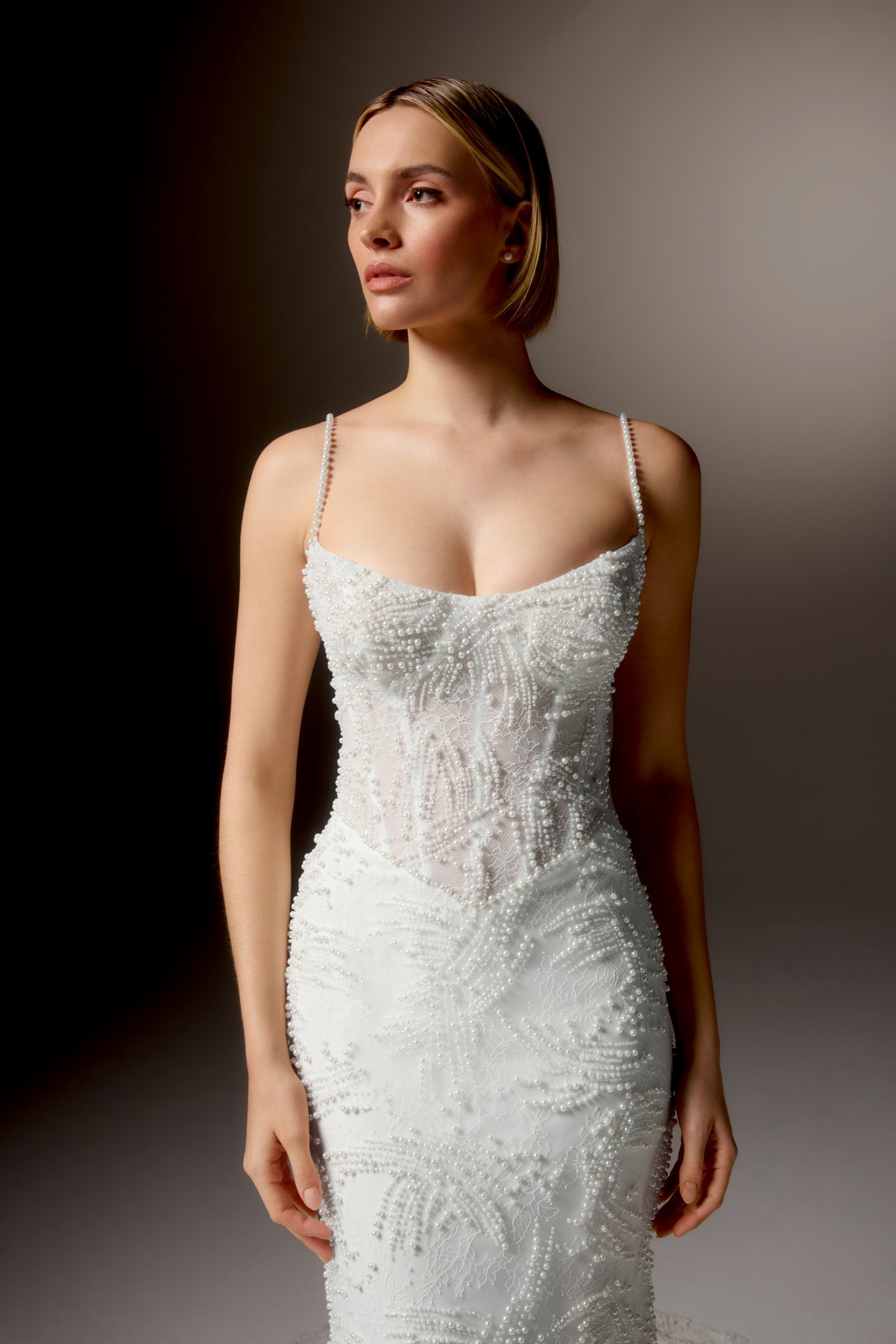 Justin Alexander Signature Style 99421 FRESCATA Allover Beaded Chantilly Lace Fit and Flare Gown with Scoop Neckline, Spaghetti Straps, and Sheer Bodice