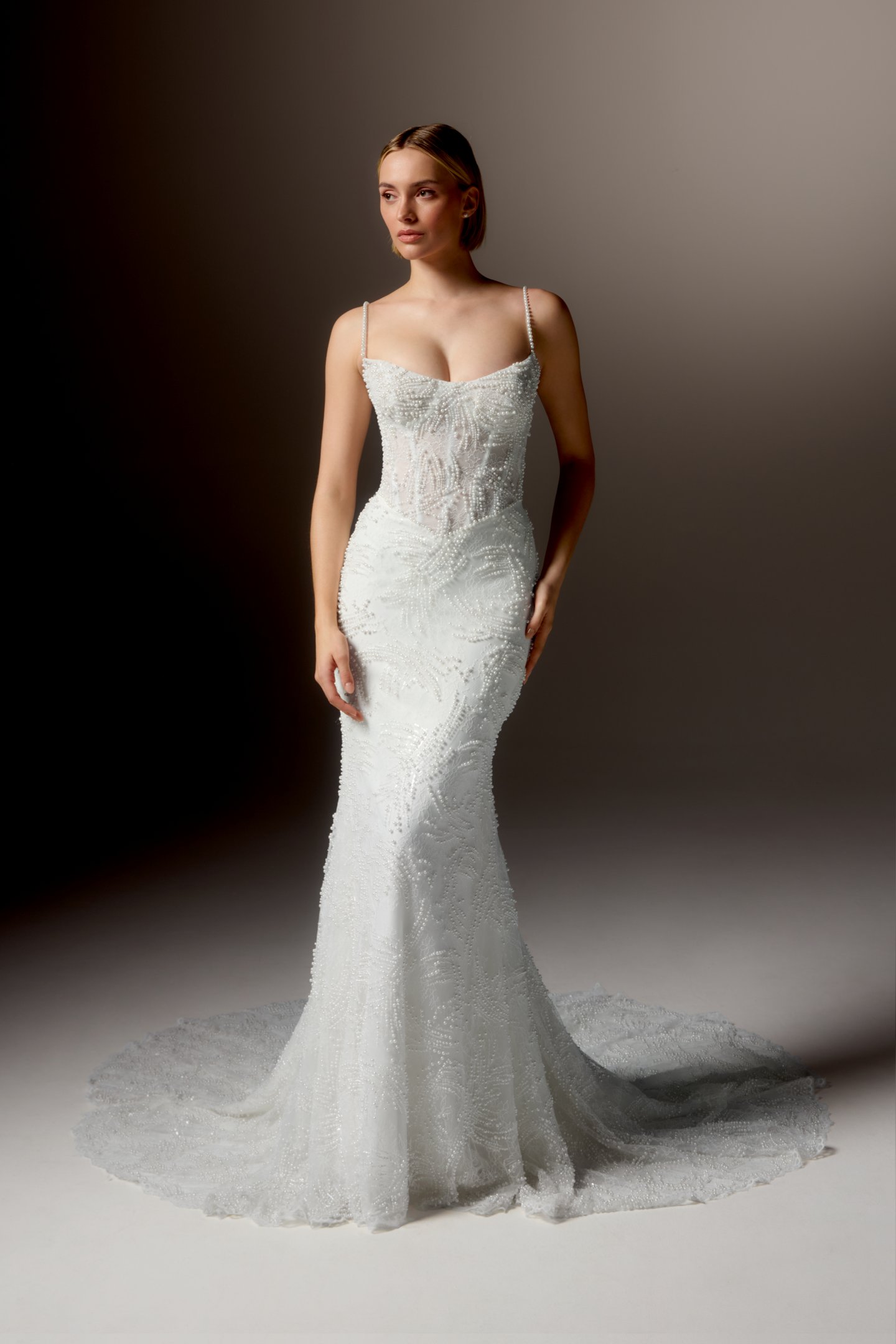 Justin Alexander Signature Style 99421 FRESCATA Allover Beaded Chantilly Lace Fit and Flare Gown with Scoop Neckline, Spaghetti Straps, and Sheer Bodice