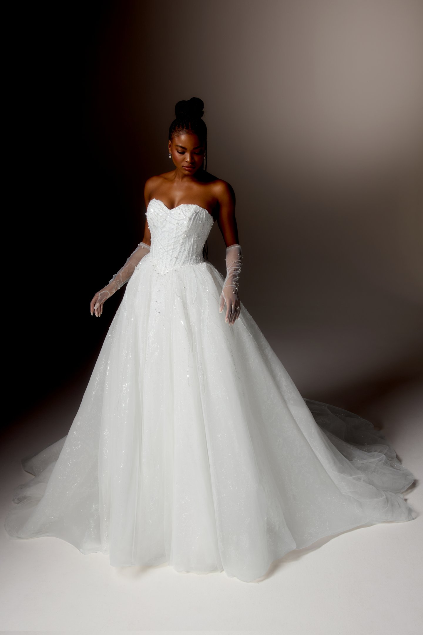 Justin Alexander Signature Style 99422 CHIARINA Glittering Tulle Ball Gown with Strapless Sweetheart Neckline Adorned with Linear Beading and Chapel Length Train