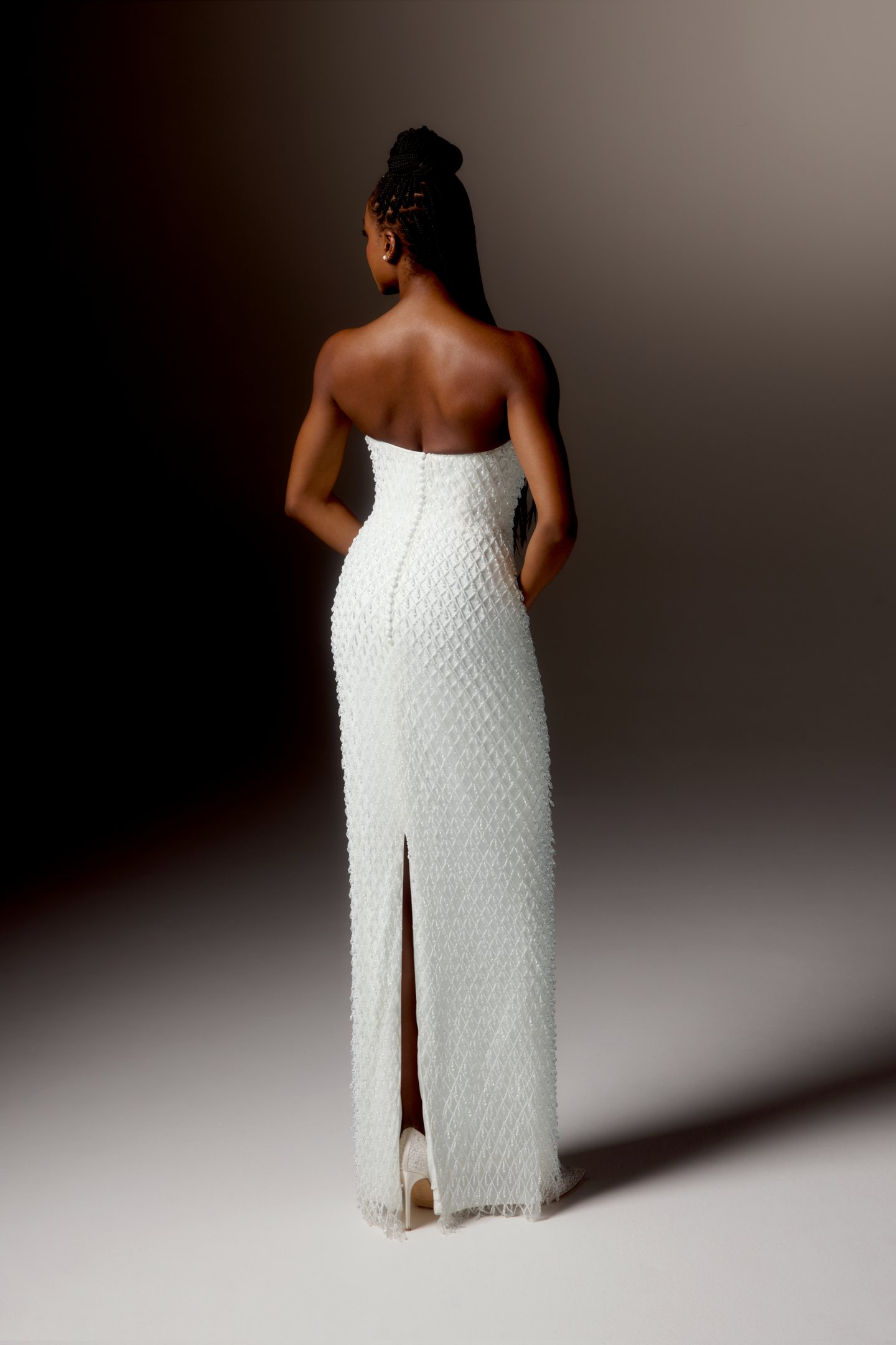 Justin Alexander Signature Style 99423 BRAVURA Column Gown with Allover Beaded Lattice Design and Straight Neckline