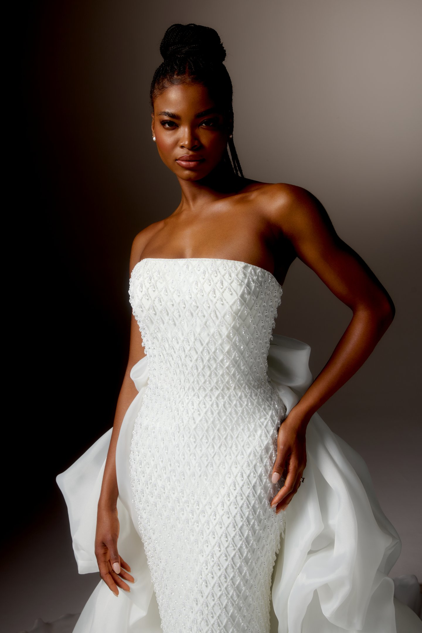 Justin Alexander Signature Style 99423 BRAVURA Column Gown with Allover Beaded Lattice Design and Straight Neckline