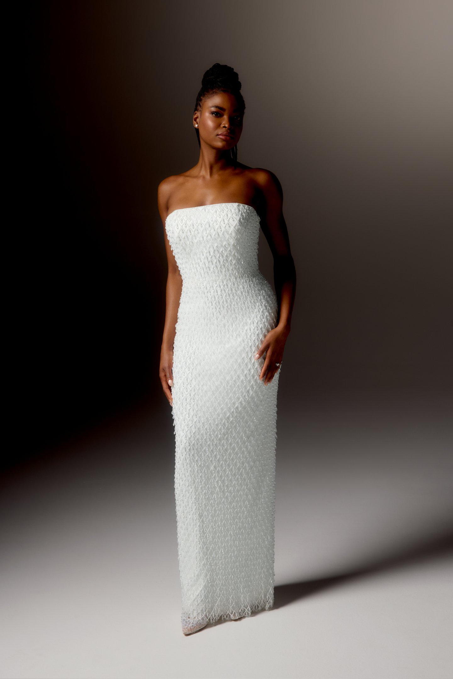 Justin Alexander Signature Style 99423 BRAVURA Column Gown with Allover Beaded Lattice Design and Straight Neckline