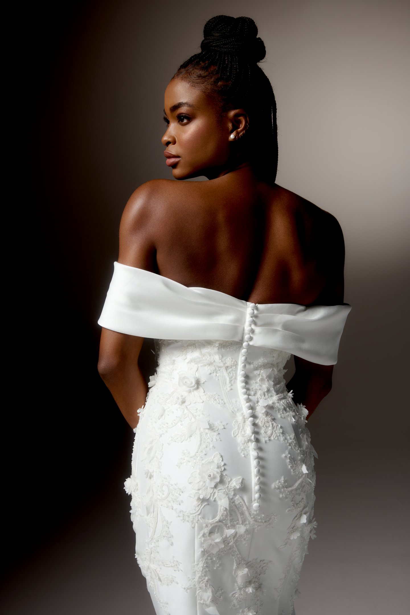 Justin Alexander Signature Style 99425 VOLTERRA Stretch Mikado Fit and Flare Gown with Off-the-Shoulder Portrait Neckline and Beaded Bodice and Skirt