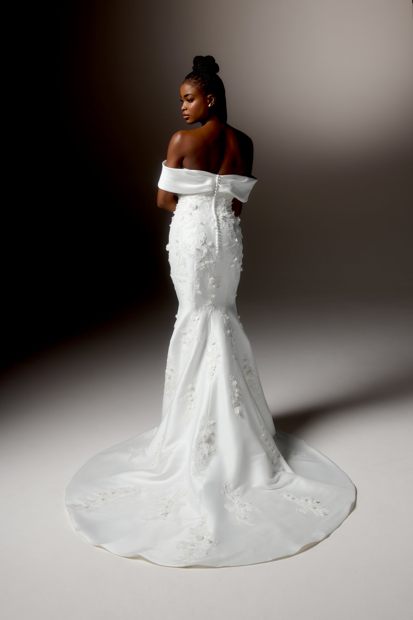 Justin Alexander Signature Style 99425 VOLTERRA Stretch Mikado Fit and Flare Gown with Off-the-Shoulder Portrait Neckline and Beaded Bodice and Skirt