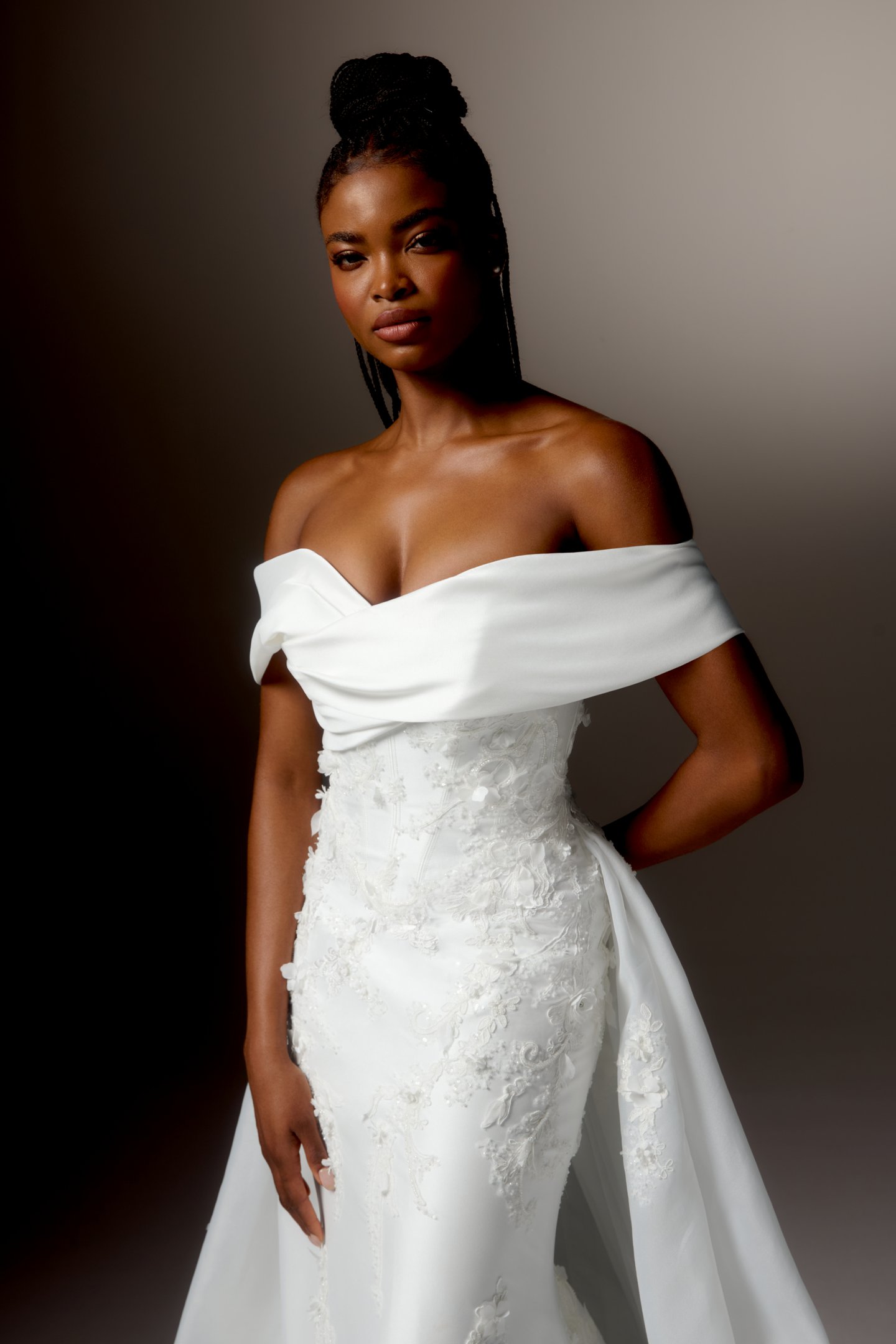 Justin Alexander Signature Style 99425 VOLTERRA Stretch Mikado Fit and Flare Gown with Off-the-Shoulder Portrait Neckline and Beaded Bodice and Skirt